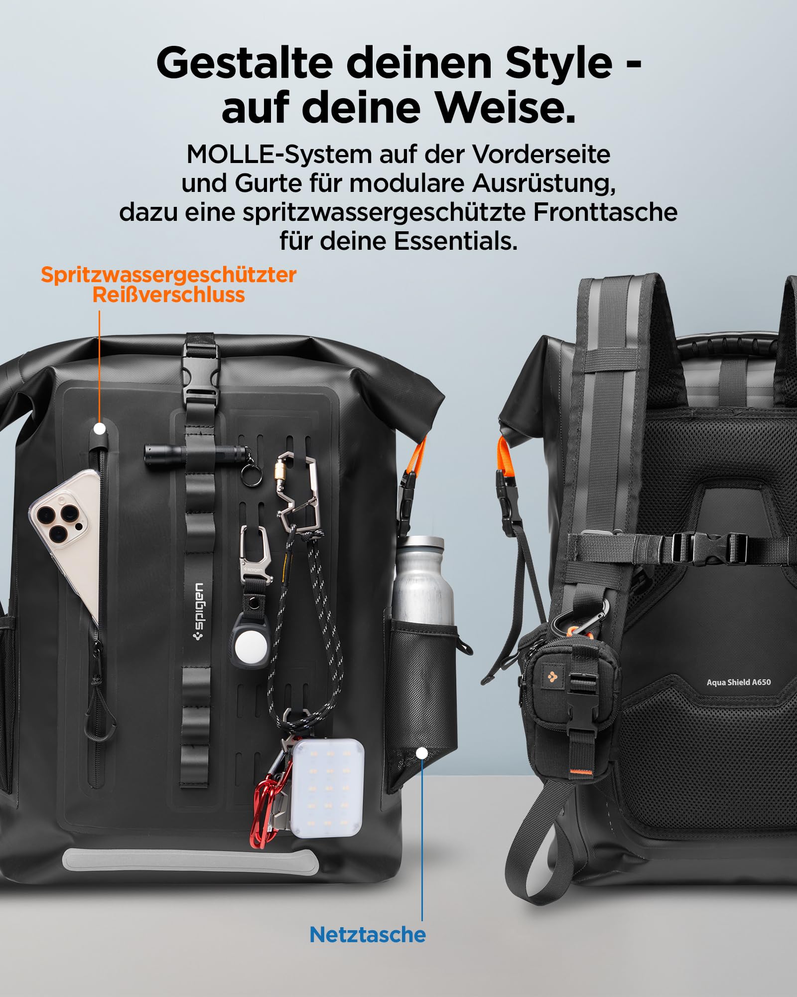 Spigen Wasserdichter Rucksack Rolltop für Damen Herren [Aquashield] Laptoprucksack bis 16", IPX6 Schutzklasse, Belüftetes Rückenteil, Wasserfester Daypack für Reisen, Outdoor & Camping – Schwarz