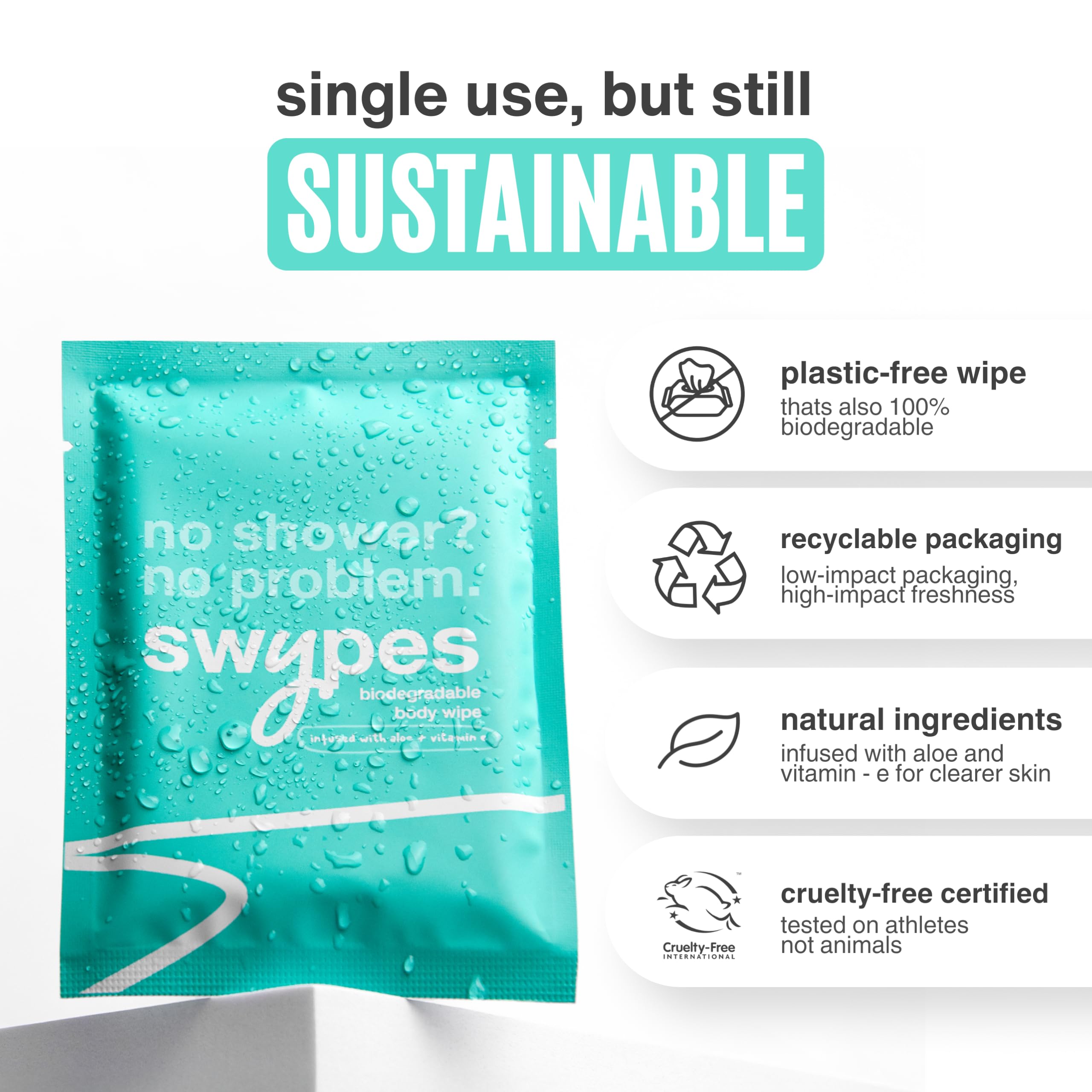 Swypes Lot de 30 grandes lingettes corporelles 100 % biodégradables double face sans rinçage pour le visage et le corps | Infusées de vitamine E | Pour salle de sport, voyage, camping, festivals,