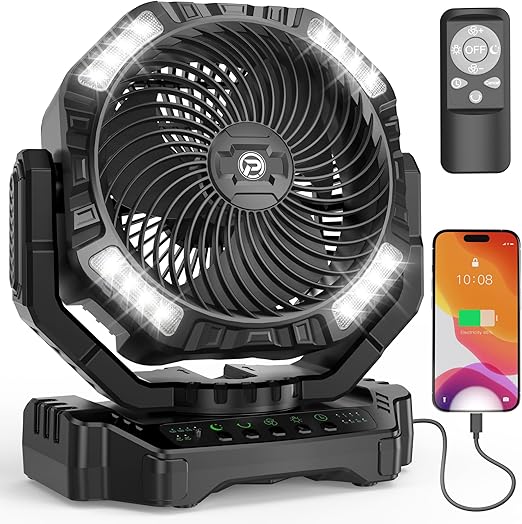 40000mAh Camping Fan with Light - 12in Rechargeable Battery Powered Fan (136H Cool Max), 90°Auto Oscillating with Remote & Charger, 4 Speeds & Timers for Outdoor/Patio/Garage/Jobsite/Hurricane/Outage