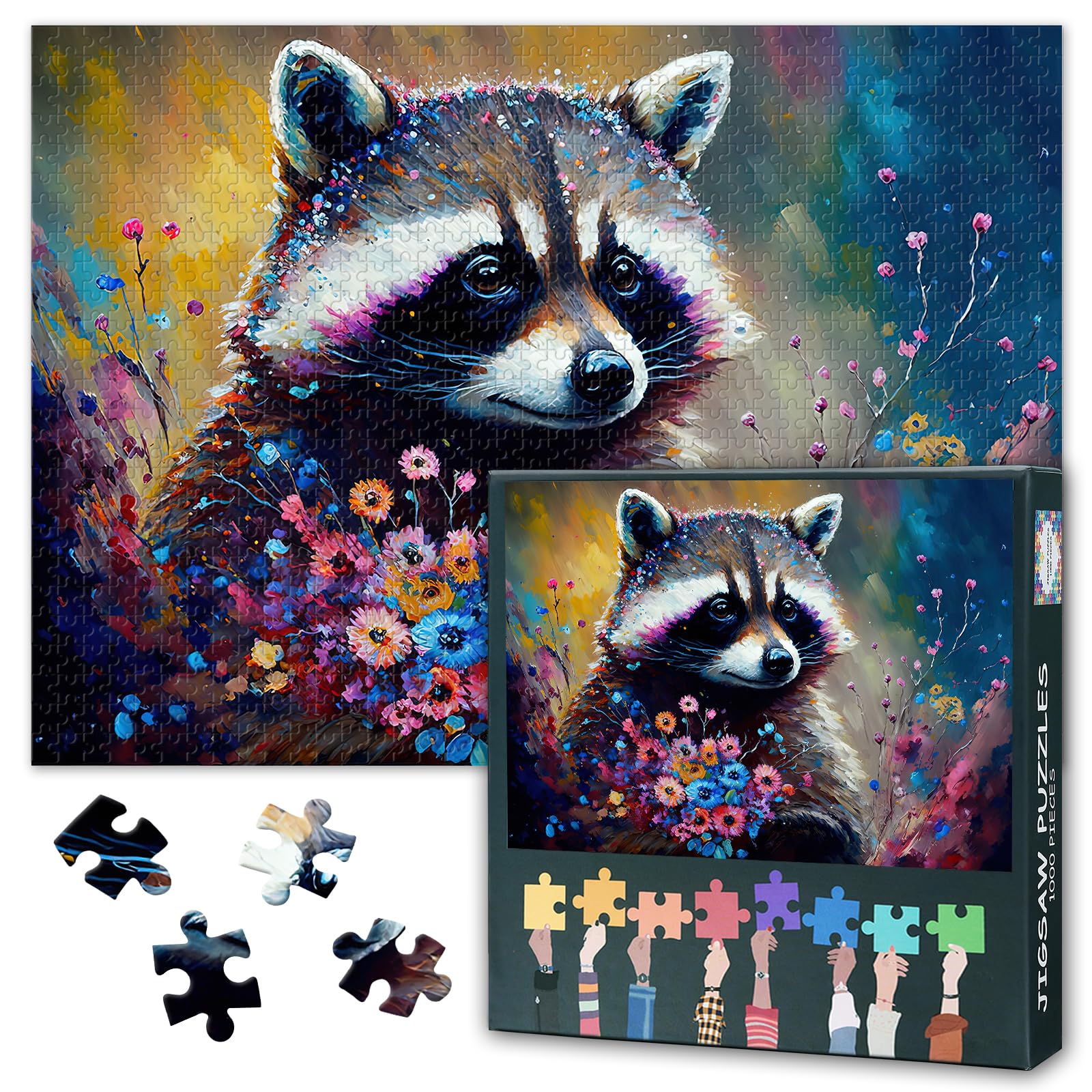 Raccoon Art 1000 Piece Jigsaw Puzzles for Adults, Family Challenging Puzzle Game Animals and Flowers, Birthday Party Gift for Men Women Home Decor 27.5x19.7 Inch (Wildlife Series)