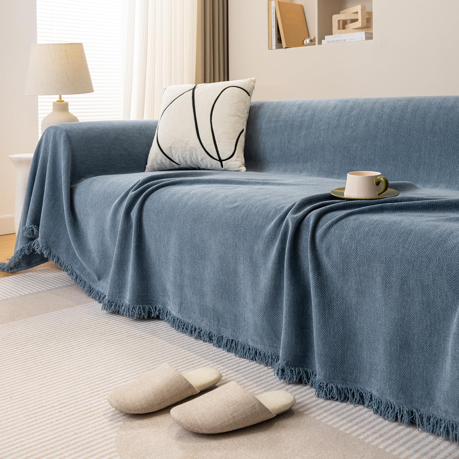 Throws for Sofas Large Blue Water Repellent Sofa Throw Blanket Soft Herringbone Chenille Tassels Blankets for Bed Settees Chair Slipcover 1 2 3 4 Seater Couch Cover - 180 x 260 cm