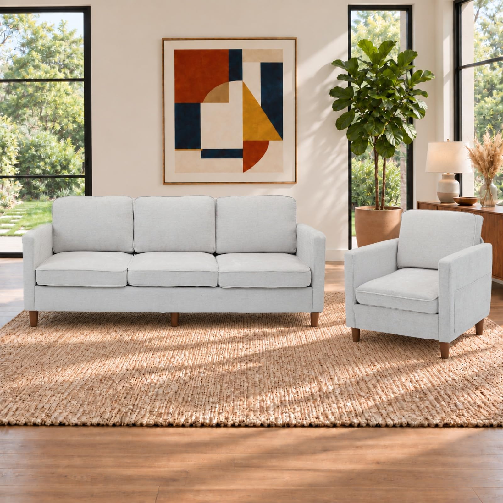 Kingfun Couch Set for Living Room, 3 Seater Chenille Sofa and Armchair