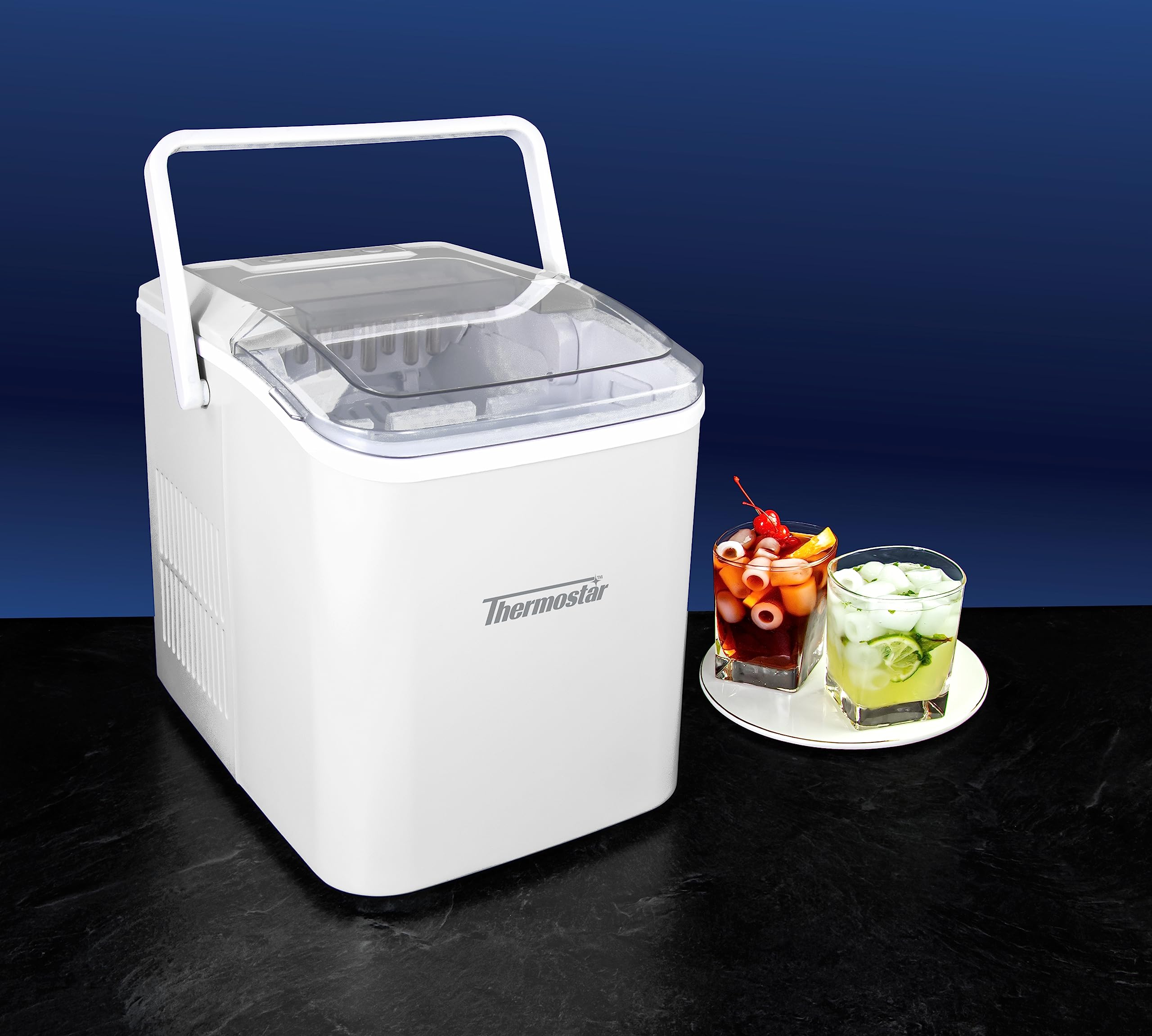 Nostalgia Thermostar Automatic Self-Cleaning Portable Electric Countertop Ice Maker Machine with Handle,26 Pounds in 24 Hours with Ice Scoop and Basket,Perfect for Water Bottles,Drinks,Parties,White on Fridge.com