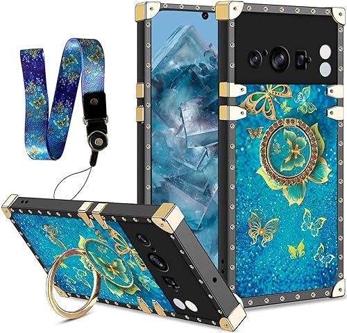 Funda para Google Pixel 8 Pro (6.7 pulgadas) Funda de patrón de mariposa azul de moda para niñas y mujeres con correa de soporte de anillo, funda