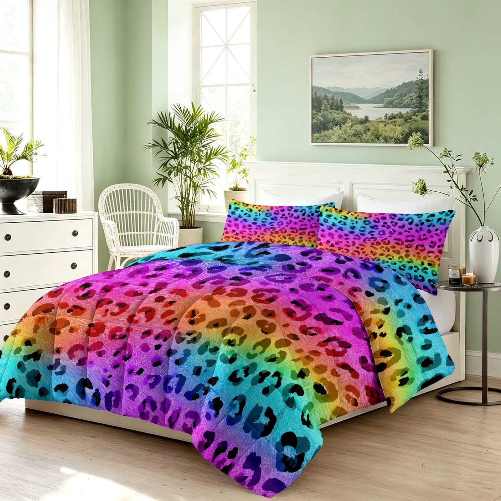 Modern Wild - Piumino 135 x 200 cm, 4 stagioni, morbido e anallergico, senza rivestimento, con motivo leopardato arcobaleno, leggero e lavabile, per tutto l'anno, con 2 federe
