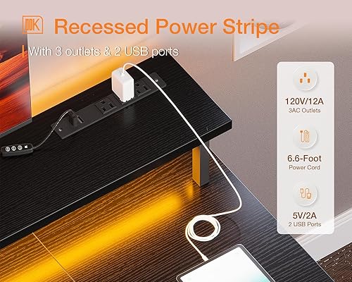 Miniatura 5 de ODK Escritorio para juegos de 48 pulgadas con luces LED y tomas de corriente, escritorio para computadora con soporte para monitor y rejillas de