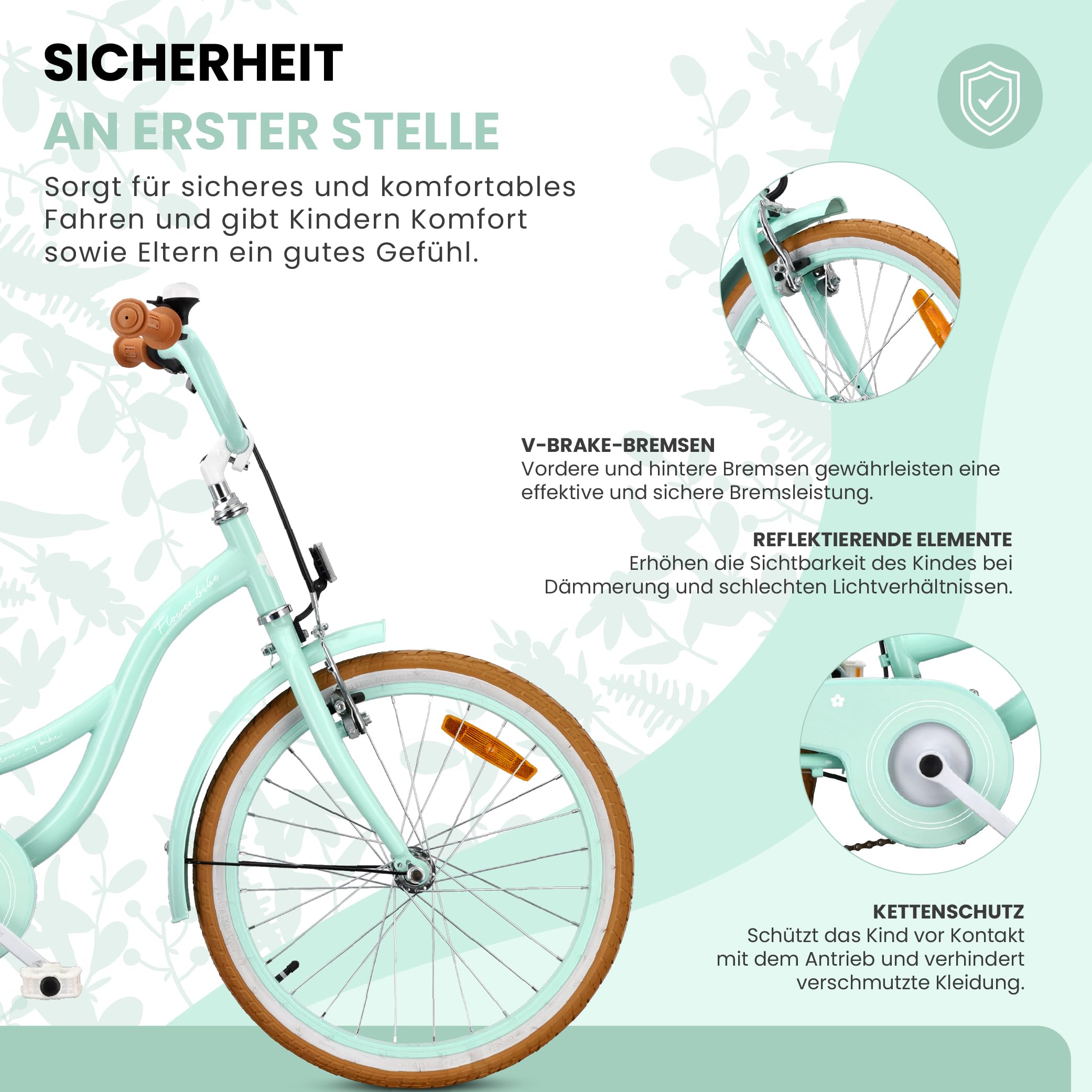 sun baby Flower Bike Retro Mädchenfahrrad - Kinderfahrrad mit Stahlrahmen, V-Bremsen, Schutzbleche, Kettenschutz, Scheinwerfer, Klingel, höhenverstellbar