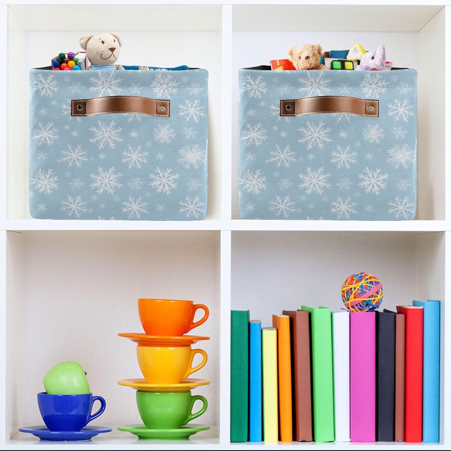 MNSRUU Storage Basket Snow Flower Blue Collapsible Organizer Basket for Shelves with PU Handles, Decorative Waterproof Nursery Laundry Storage Cubes Bins, 2 Pack