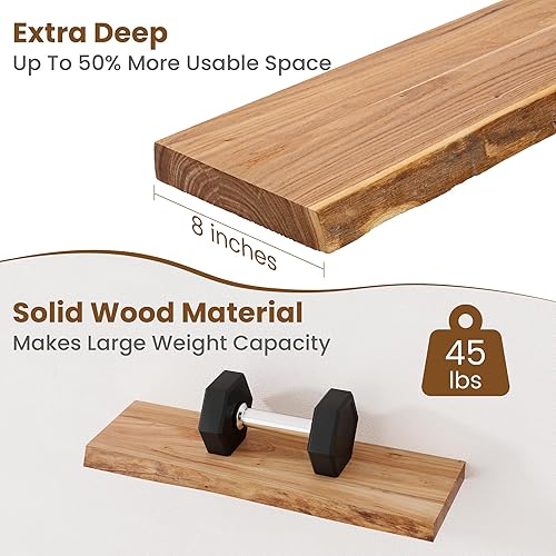 Miniatura 5 de Estantes flotantes para decoración de pared, estantes flotantes rústicos de madera maciza de olmo con borde vivo, estantes de pared con soporte