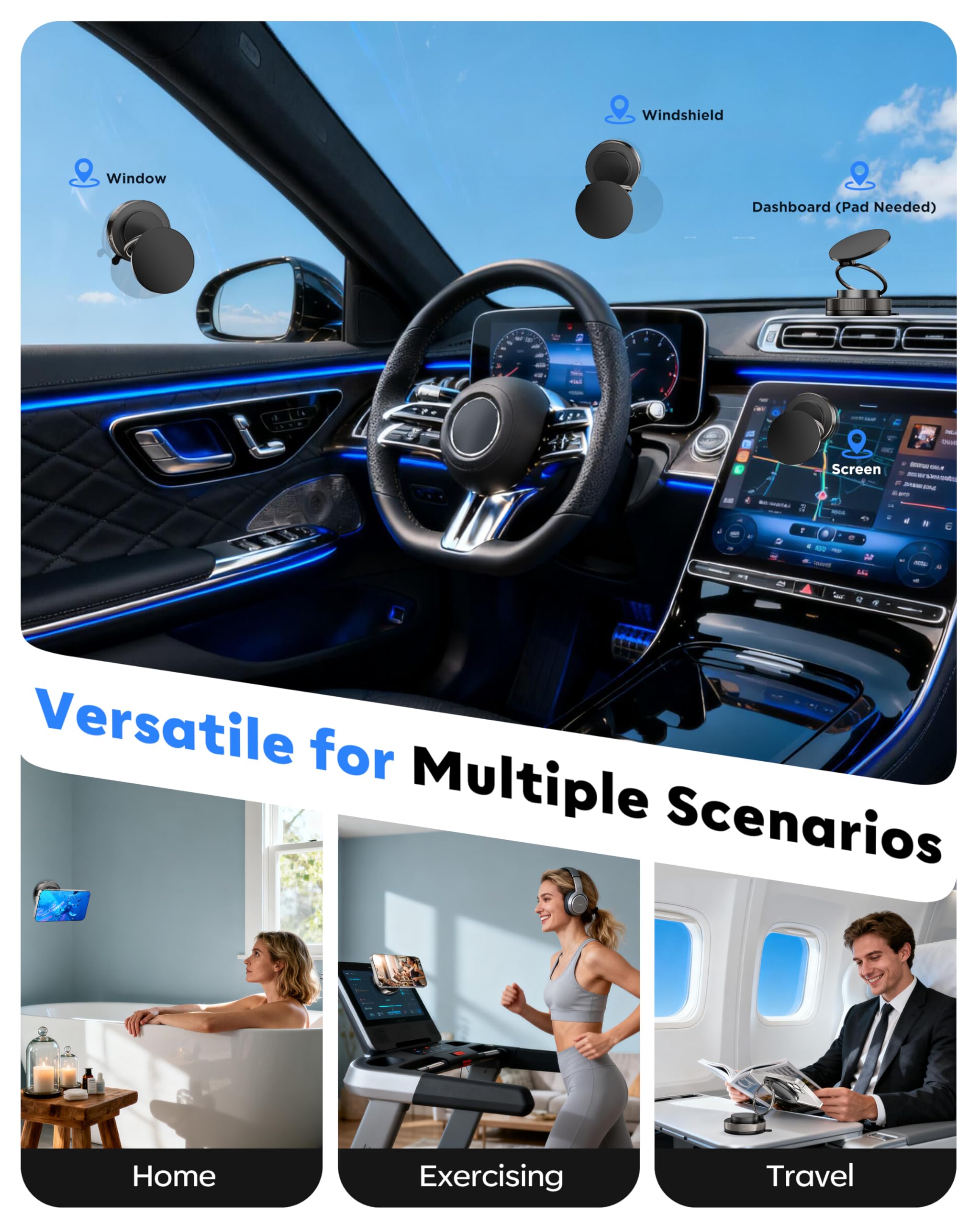 Vacuum Magnetic Phone Holder for Car,2800gf Strong Magnetic Phone Mount,360° Adjustable & Reinforced Suction Cup for Dashboard/Gym/Mirror,Car Phone Holder Compatible with iPhone Android(Black)