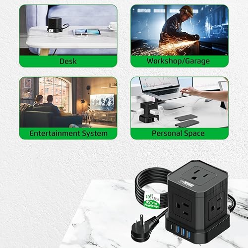 Miniatura 9 de Tiras de alimentación Cube con protección contra sobretensiones, cable de extensión de 10 pies con múltiples tomas, 5 enchufes de CA, 3 USB, 1