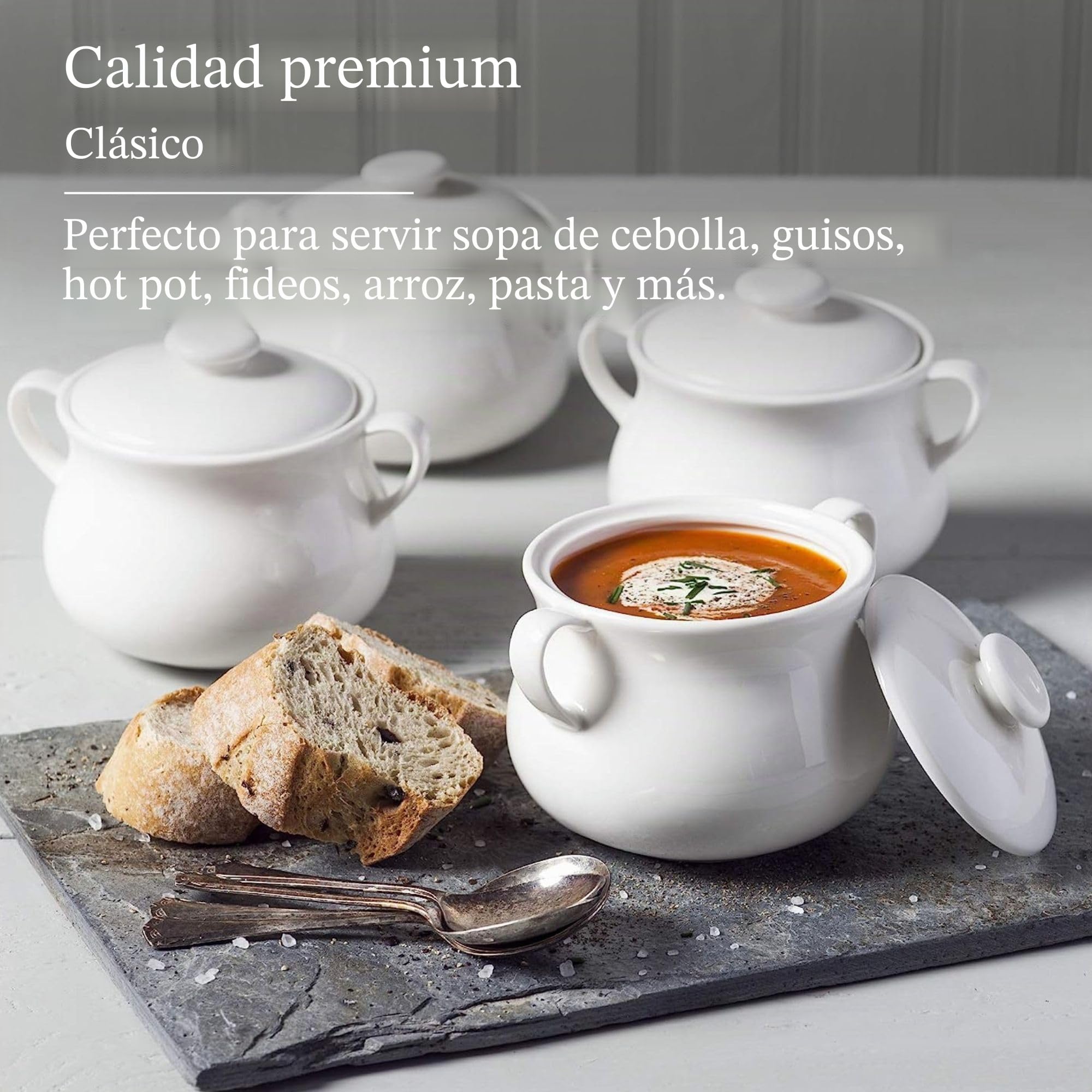 WM Bartleet & Sons 1750 TSET119 Juego de 4 Cuencos Individuales de Porcelana Tradicional con Tapa para Sopa y guiso de Cebolla Francesa con Asas, 500 ml, Color Blanco