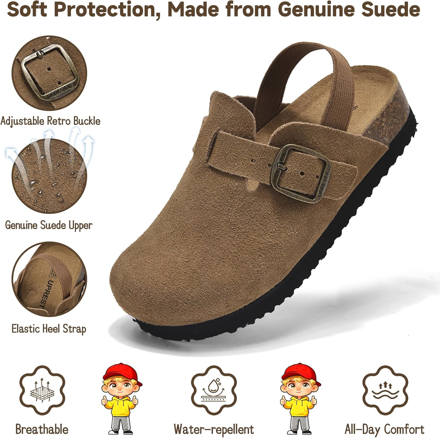 100% Genuine Suede Toddler Kids Clogs with Arch Support, Boys Girls Infant Clogs with Comfort Memory Foam Insole, Non Slip Cork Footbed Mules for Kid with Adjustable Straps - Image 3