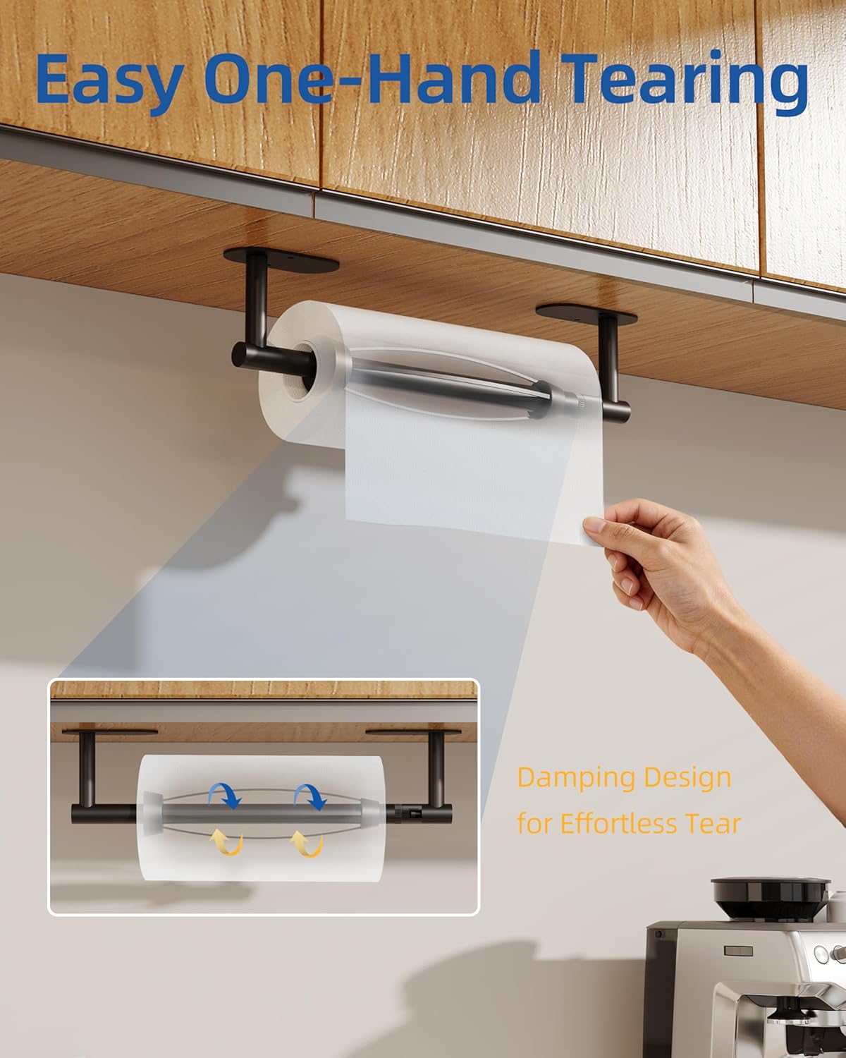 RUACQ Paper Towel Holder Under Cabinet, One Hand Tearing Paper Towel Holder with Damping Effect, Wall Mount & Adhesive Stainless Steel Paper Roll Holder for Kitchen Bathroom (Matte Black)