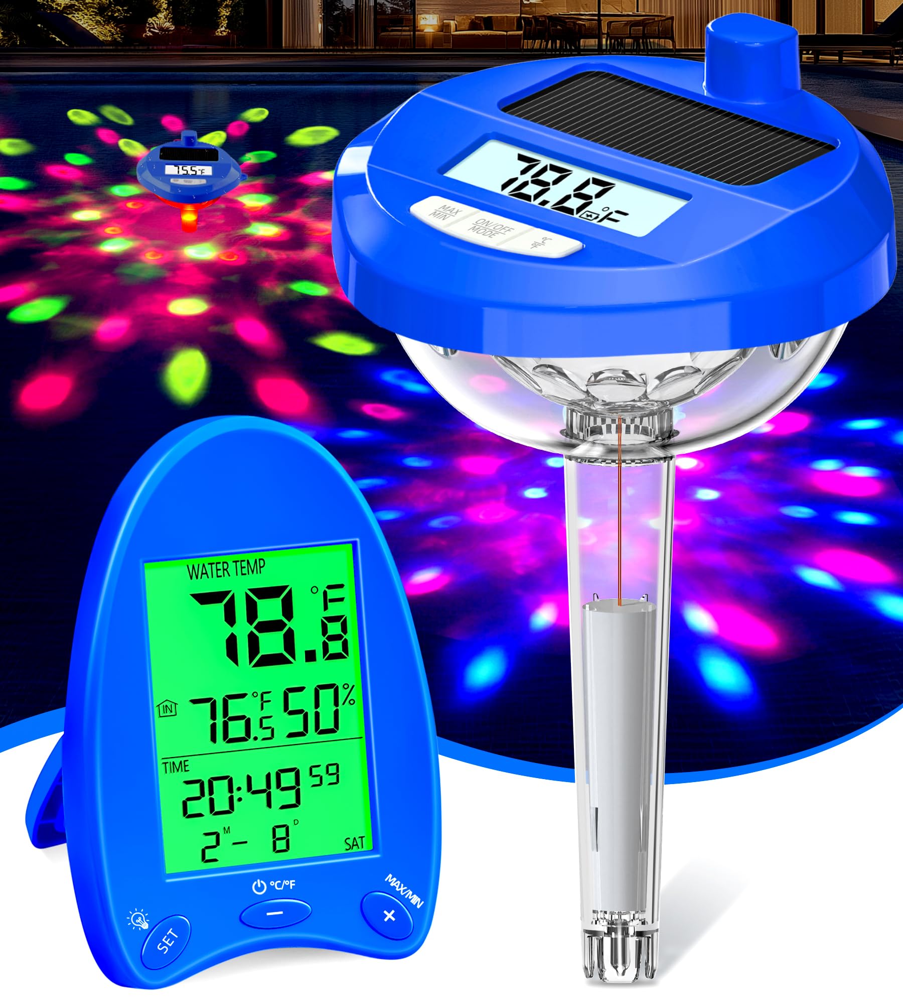 DeeprBlu Solar Digital Pool Thermometer Wireless | Floating Thermometer with Light Show & Backlit Display for Easy Night Reading | Pool Water