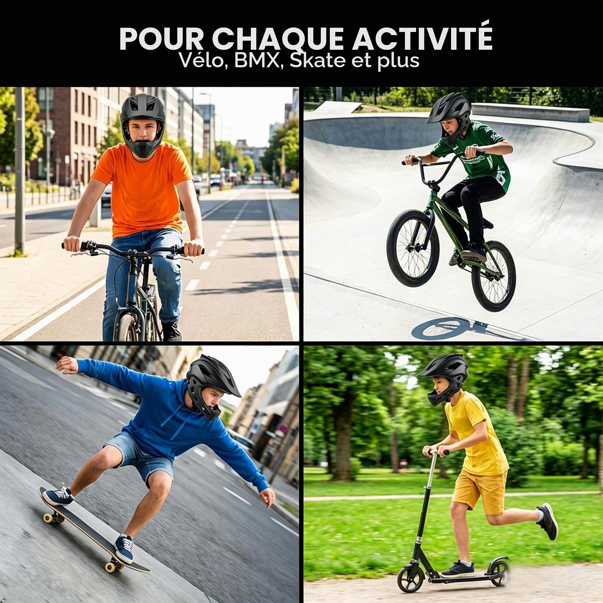 Casque de Vélo Complet pour Enfants pour Enfants, Gardien de Menton Détachable, 13 évents, 2 en 1 Casque avec pour Le Vélo, Planche à roulettes BMX (Noir)