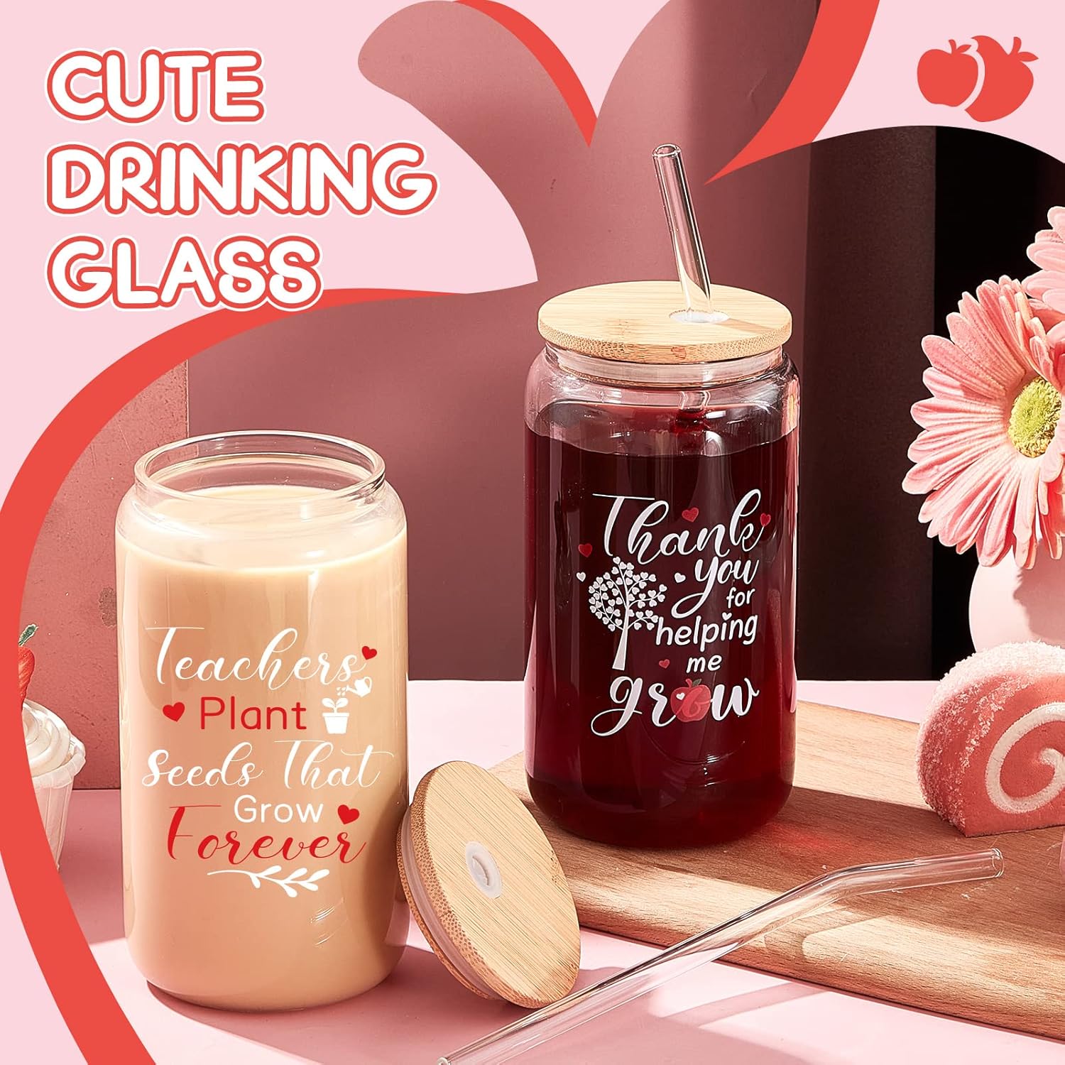 Zubebe 4 Pcs 16 oz Valentine Tumbler Gifts for Women Teacher Appreciation Gifts Thank You Coffee Cup Tumbler Drinking Glass Beer Cups with Bamboo Lids Glass Straw Cleaning Brush for Employee(Classic) - Image 4