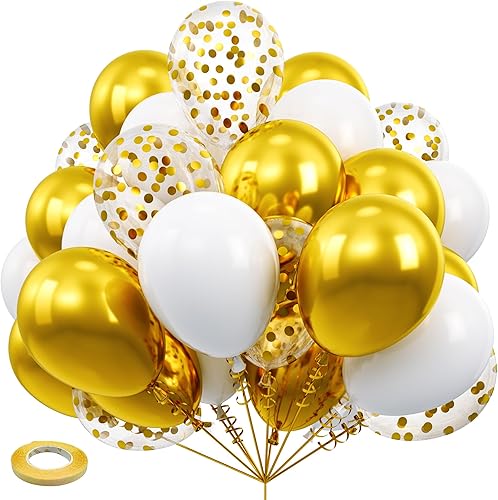 Paquete de 60 globos dorados de 12 pulgadas de metal blanco mate dorado y confeti globos de látex a granel con cinta dorada de 33 pies para boda,