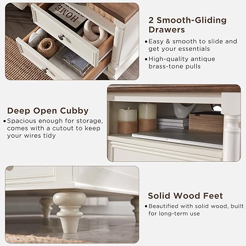 Miniatura 4 de T4TREAM Mesa auxiliar de granja de 24 pulgadas con 4 pies de madera maciza, mesa auxiliar grande con 2 cajones de ancho para sofá con estación de