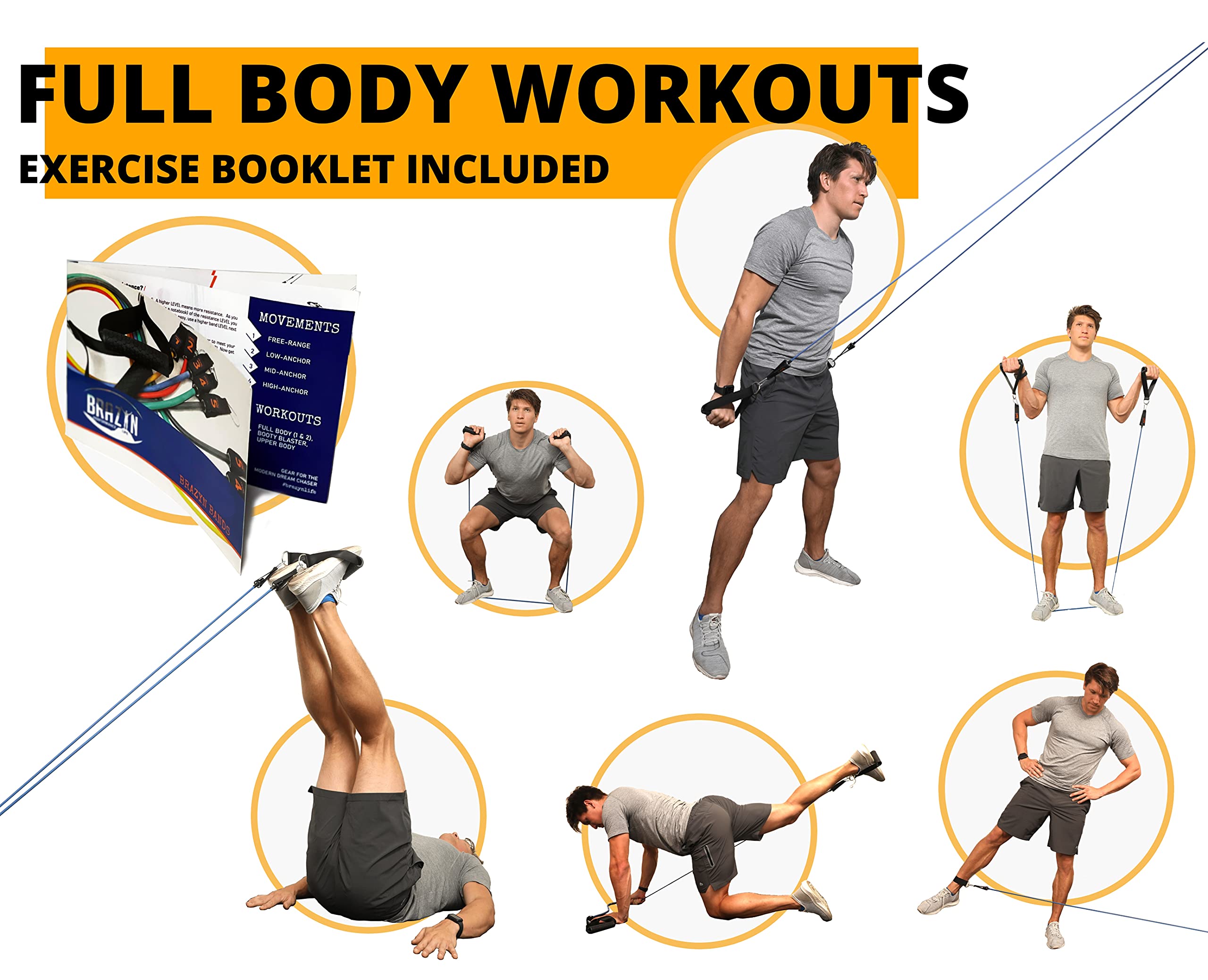 Brazyn Widerstandsbänder-Set mit Griffen, 12-teiliges Band-Set mit Reisetasche, Anleitung, Knöchelriemen und Türanker, für Workout, Fitnessstudio, Krafttraining, Bungee, Yoga, Pilates, Physiotherapie