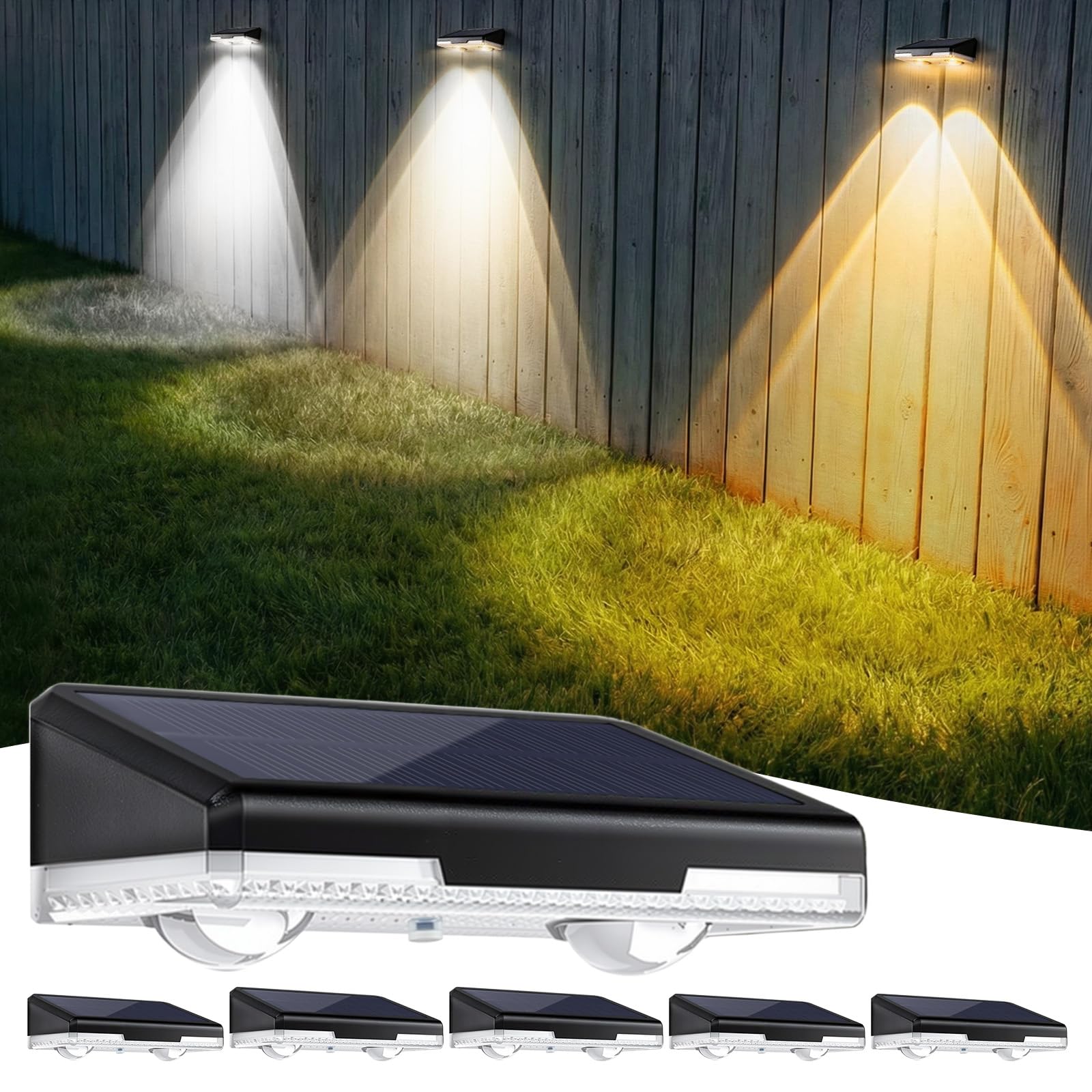 ROMANJOY Solar Fence Lights Outdoor Garden, 3000K/4000K/6000K 3 Mode, Solar Wall Lights Outdoor Waterproof, Solar Lights for Outside Backyard/Railing/Step/Patio/Deck/Stair, 6 Pack