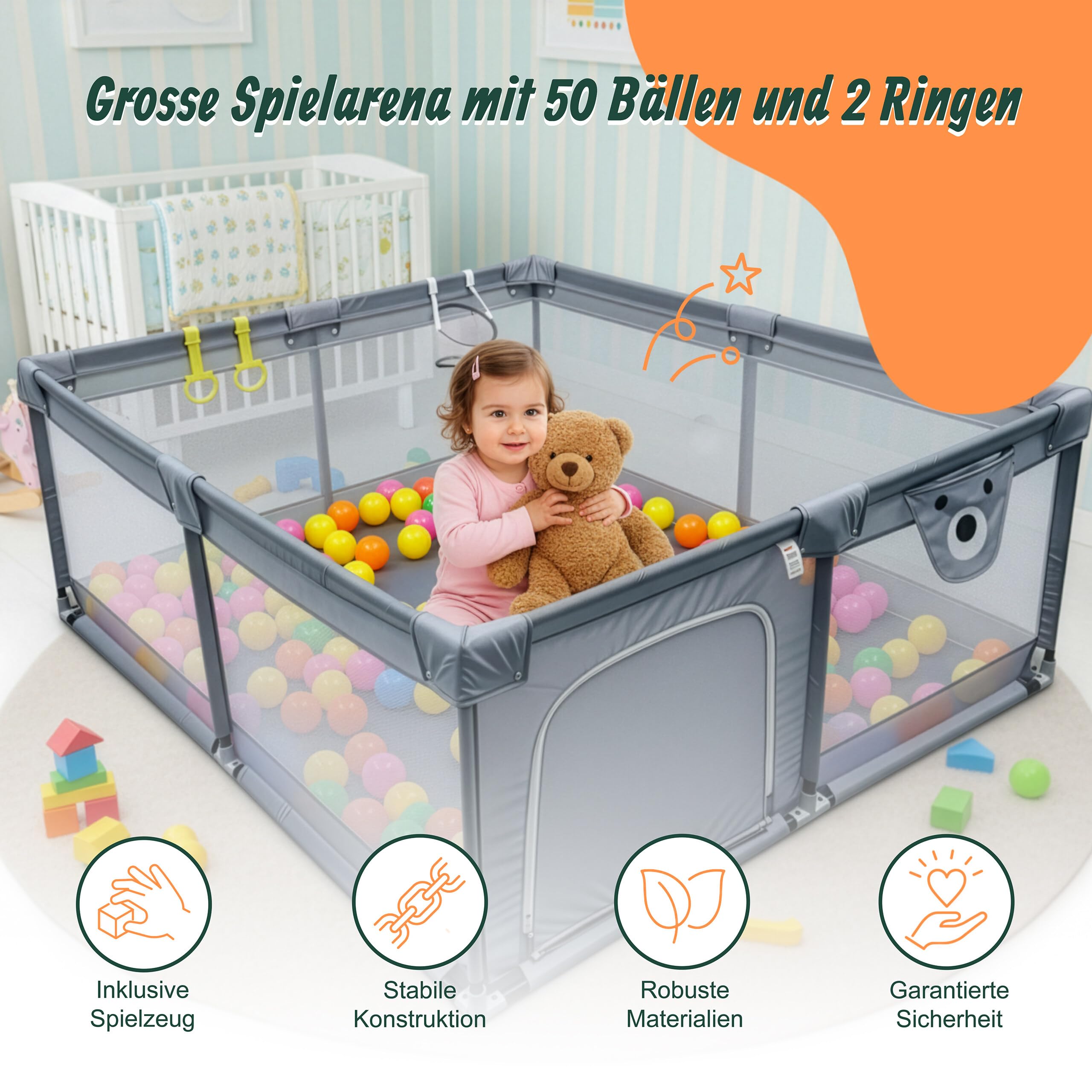 Relaxdays Laufstall Baby, 120 x 150 cm, Laufgitter, 50 Bällen, 2 Laufstallringe, sichere Spielecke, Oxford-Gewebe, grau