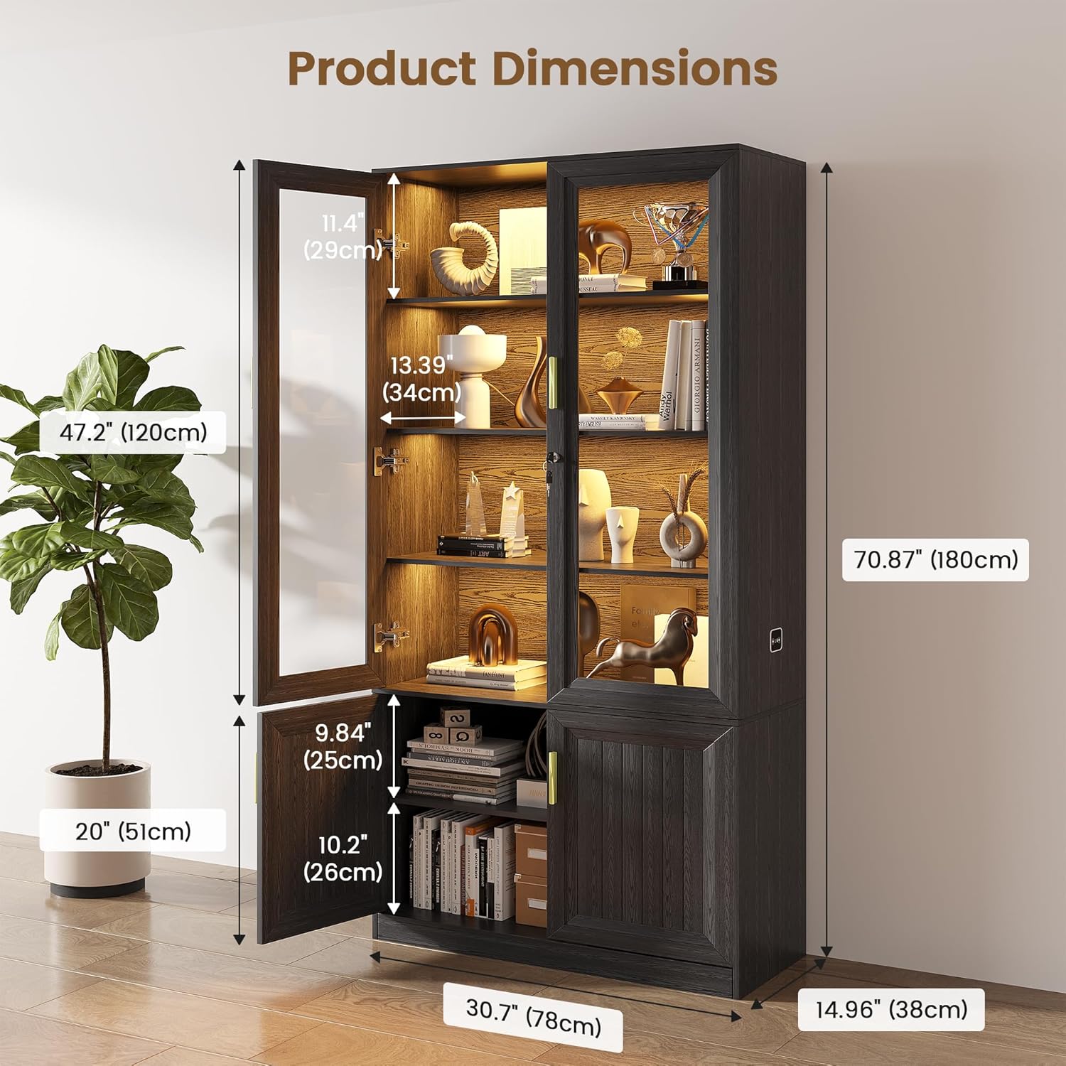 Lvifur 71" Tall Bookcase with - Glass Doors and Adjustable Shelves,Lockable File Cabinet for Home Office,6 Tier Curio Cabinet w/LED Lights and Storage Cabinet,Cupboard for Kitchen Home Office,Black