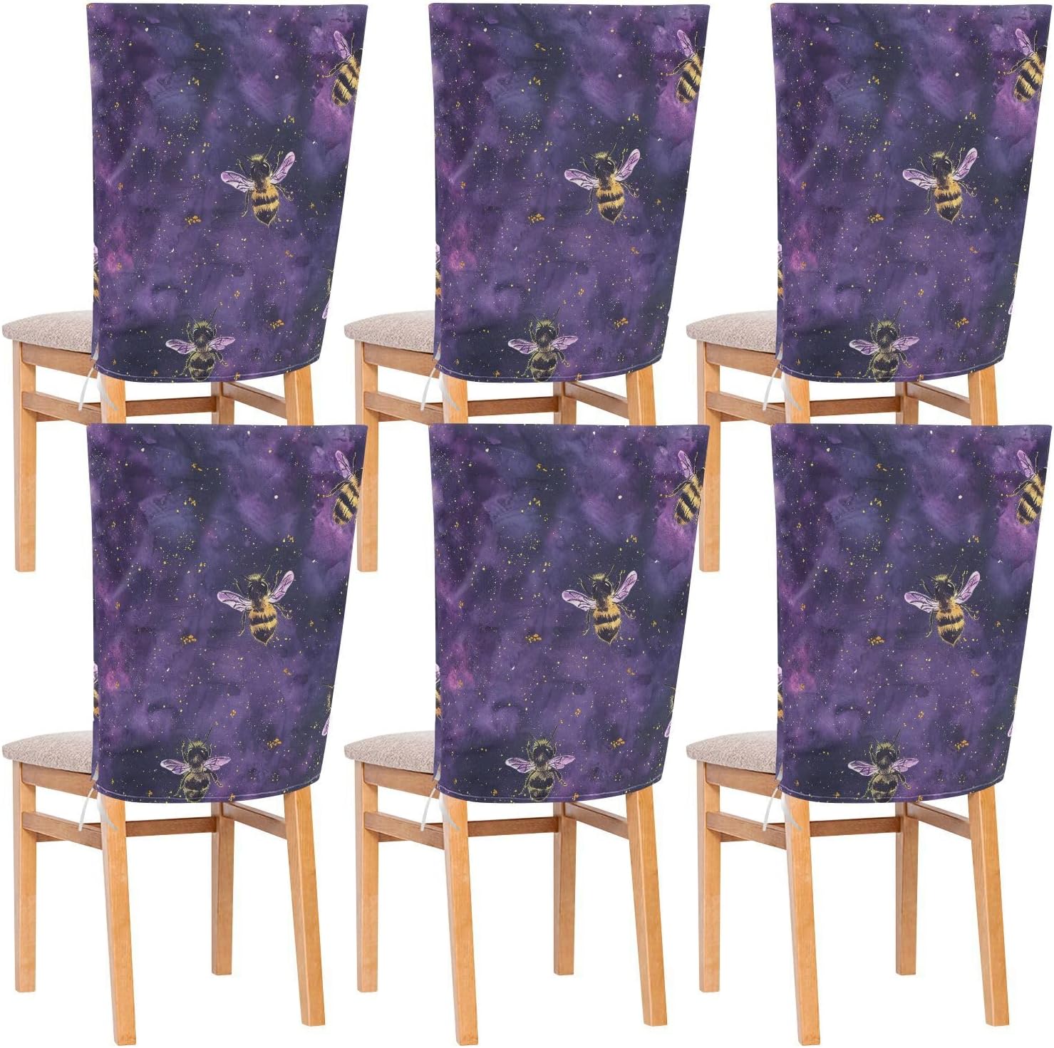 ALAZA Bee Galaxy Purple Chair Back Cover Set of 6, Washable Reusable Removable Chair Slipcovers Decorative Chair Cover for Home Kitchen Wedding Party