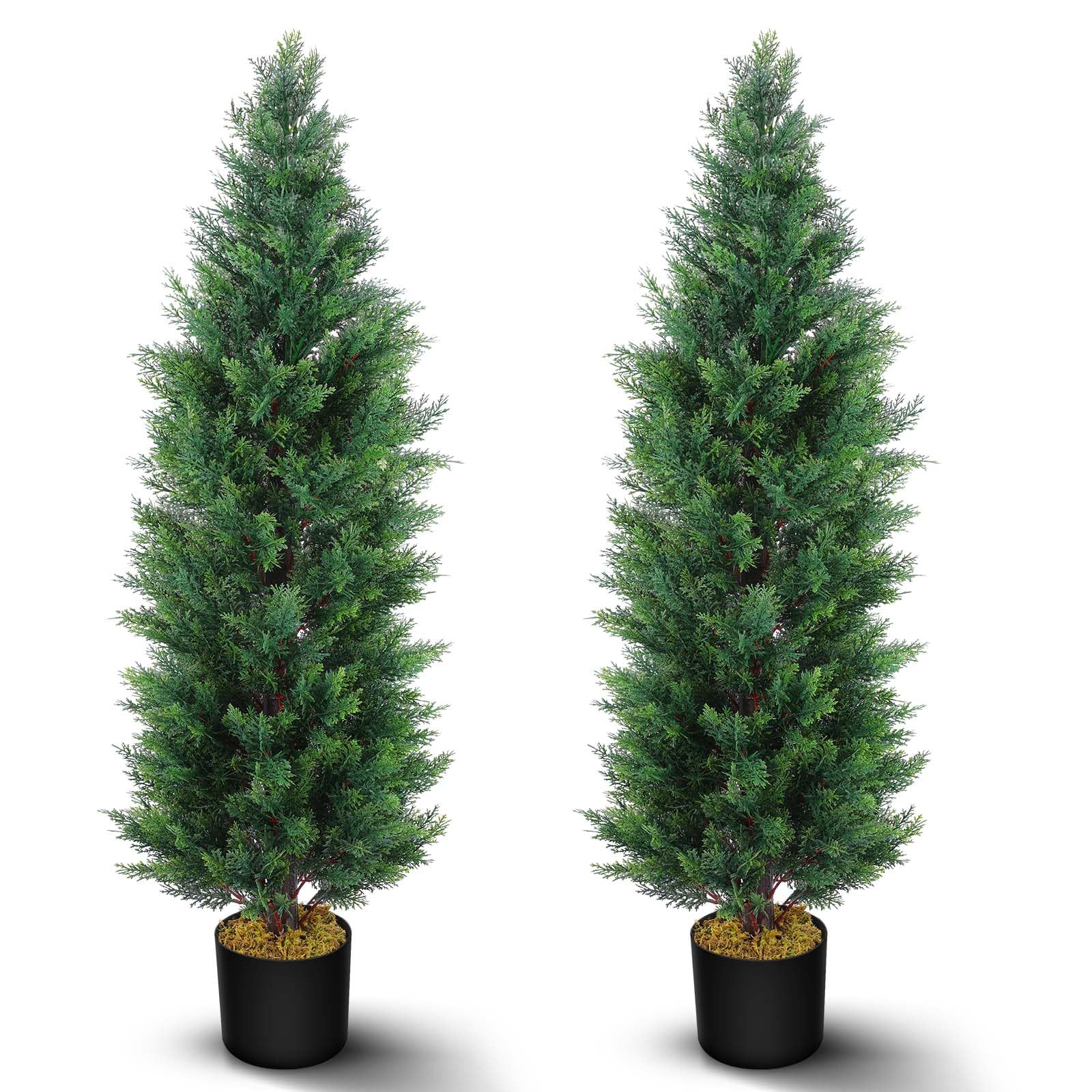 Hananona 2 Pcs 4 Ft Artificial Topiary Cedar Trees, Outdoor Faux Pine Shrubs, Realistic Fake Greenery Plants UV Resistant Cypress Trees for Christmas Porch Front Door Decor (2, Green, 4 Ft)