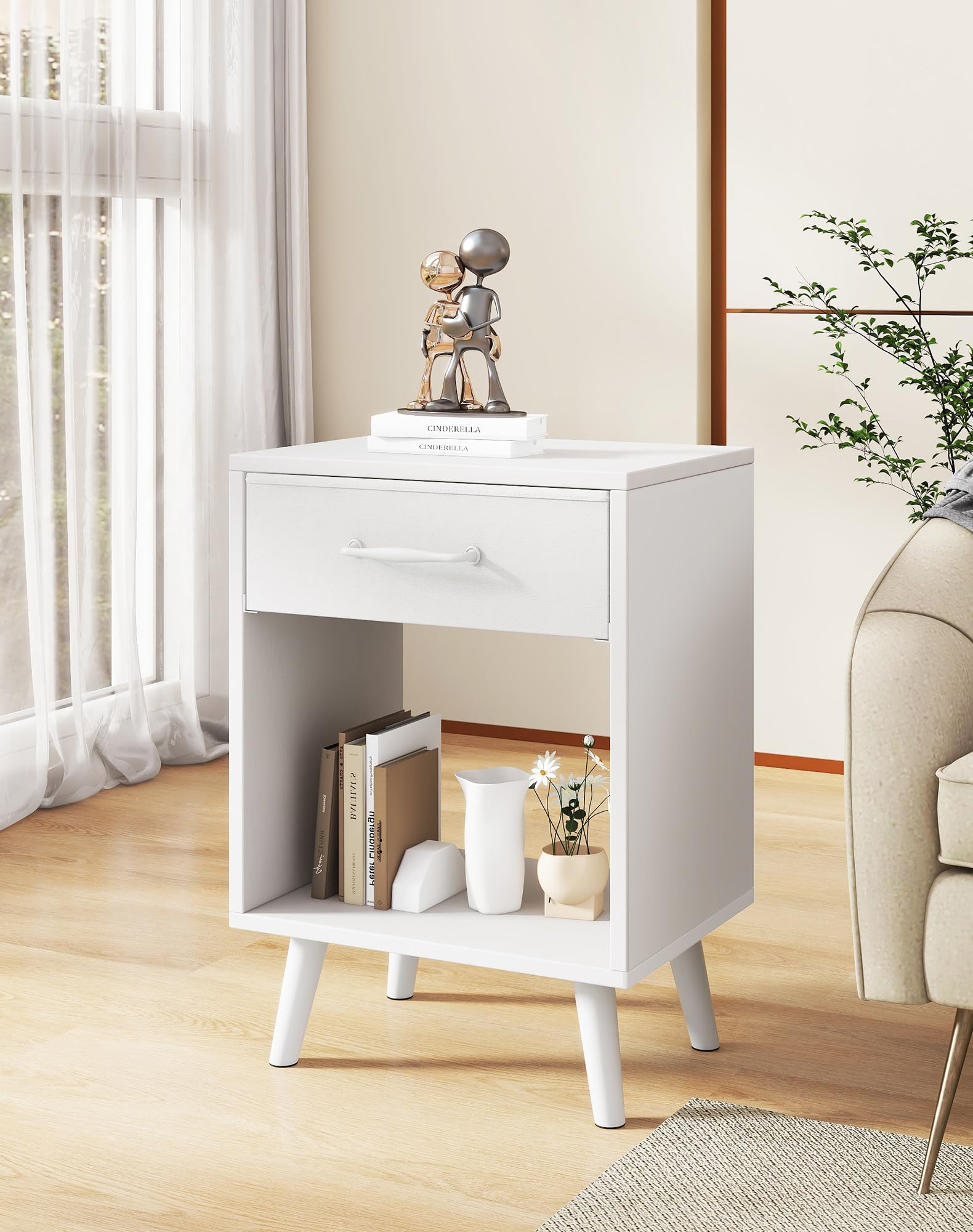 YMYNY Lot de 2 Tables de Chevet, Table d'Appoint, Commode de Chevet, Tiroir en Tissu avec Poignée, Étagère Ouverte, Pieds en Bois Massif, Style Industriel Rétro, pour Chambre, Salon, Blanc HST020W-2
