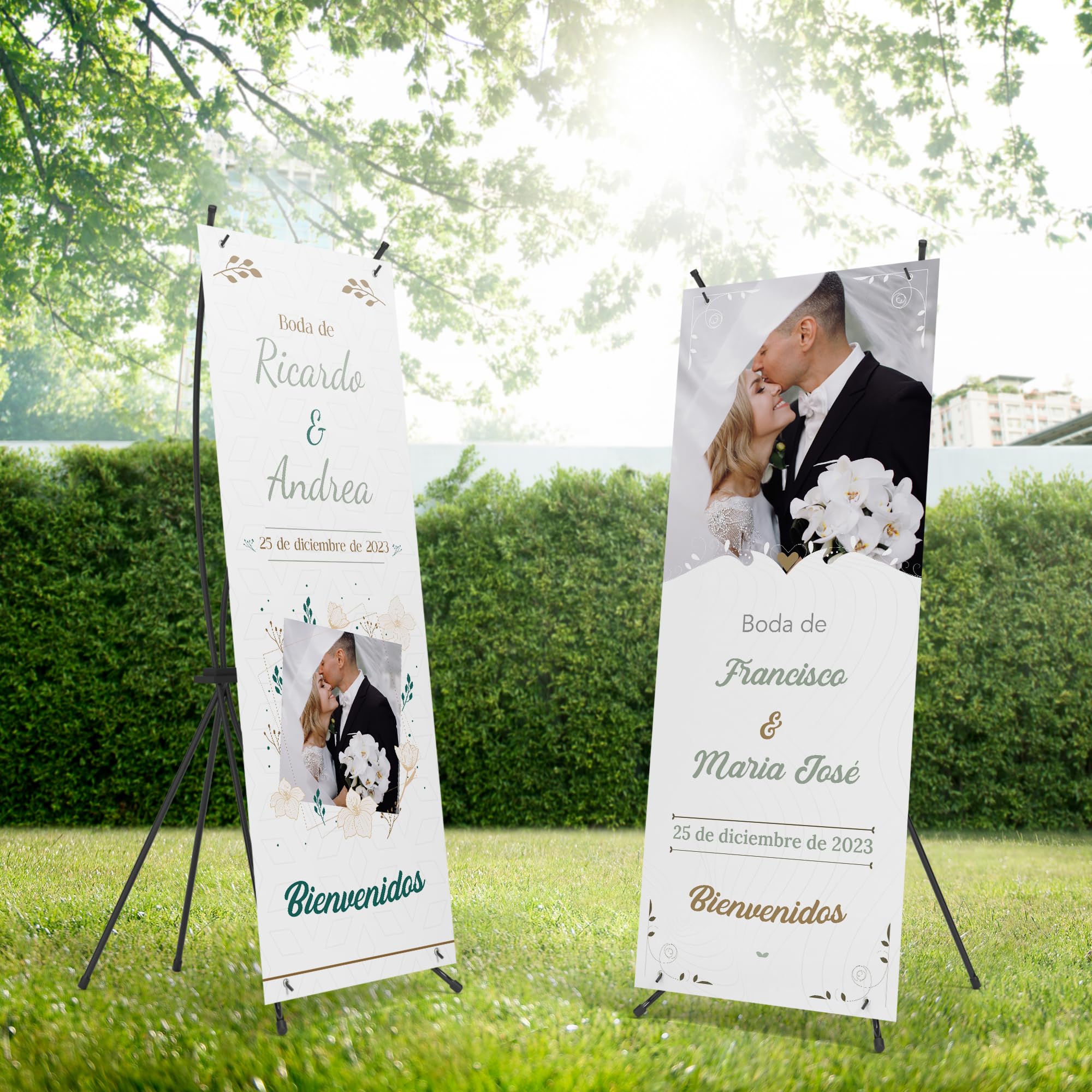Photocall Bodas 70x180cm Personalizable con Foto y Texto – Cartel Bienvenida Boda – Pancarta Personalizada con Estructura para Decoración Boda - 2 Modelos a Elegir (Modelo 2)