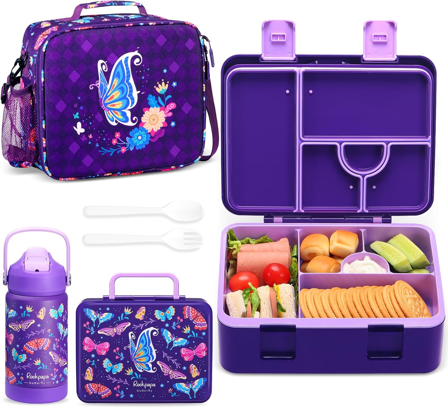 rockpapa 5 Compartment Bento Lunch Box for Kids with Uensils & Insulated Water Bottle & Lunch Bag with Strap, BPA-Free Lunch box Containers Set for School Boys Girls Ages 3+ (Purple Butterfly)