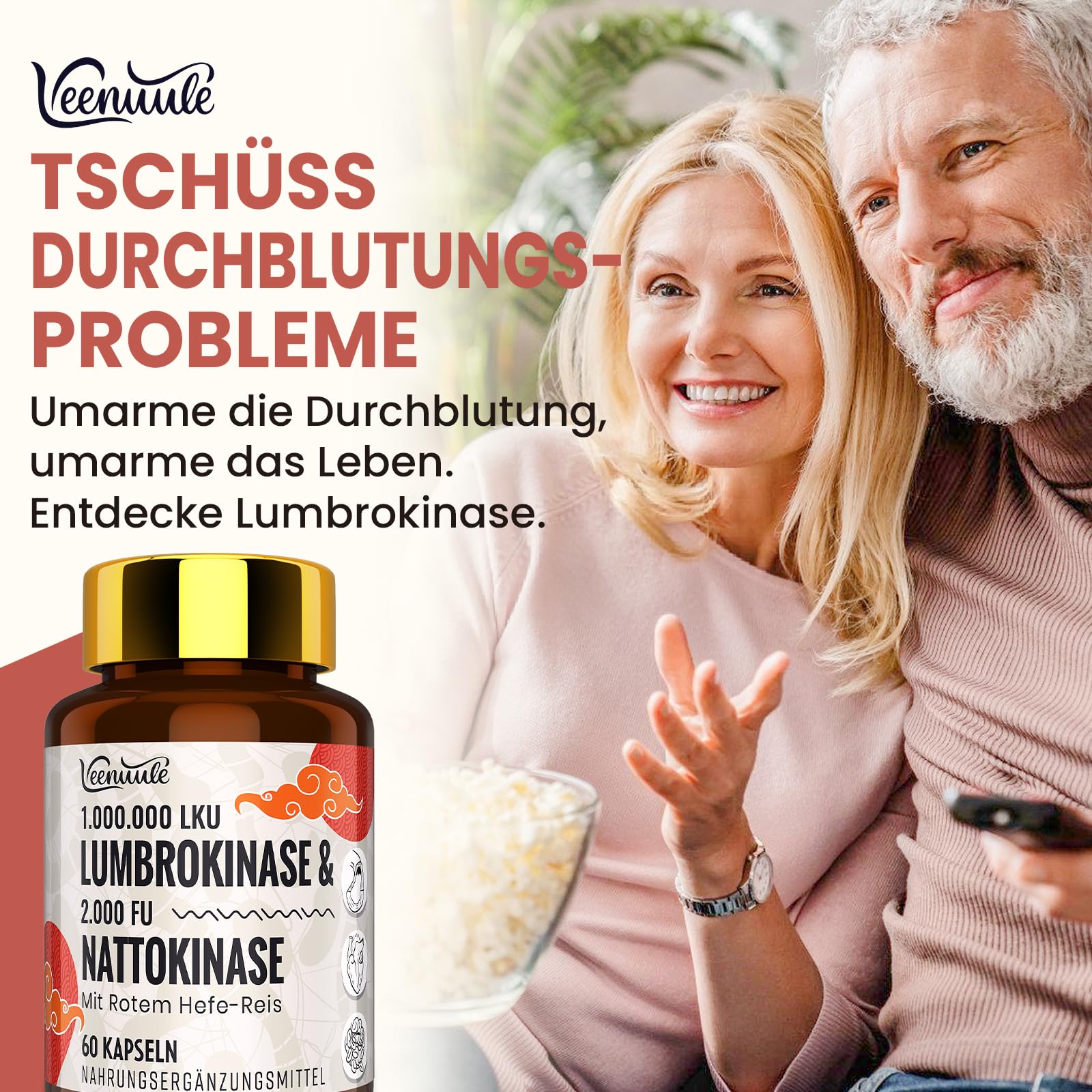 Lumbrokinase 100 mg Par Portion (1 000 000 LKU) avec Nattokinase 100 mg (2 000 FU), Sans OGM, Sans Gluten, 120 Gélules