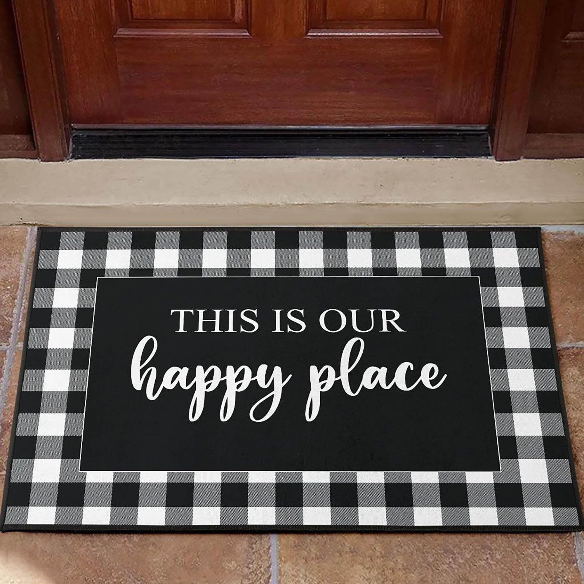 This Is Our Happy Place Door Mat Black White Buffalo Plaid Welcome Mat Indoor Or Outdoor Use Non Slip Backing Perfect Farmhouse Doormat 30x18 Inch