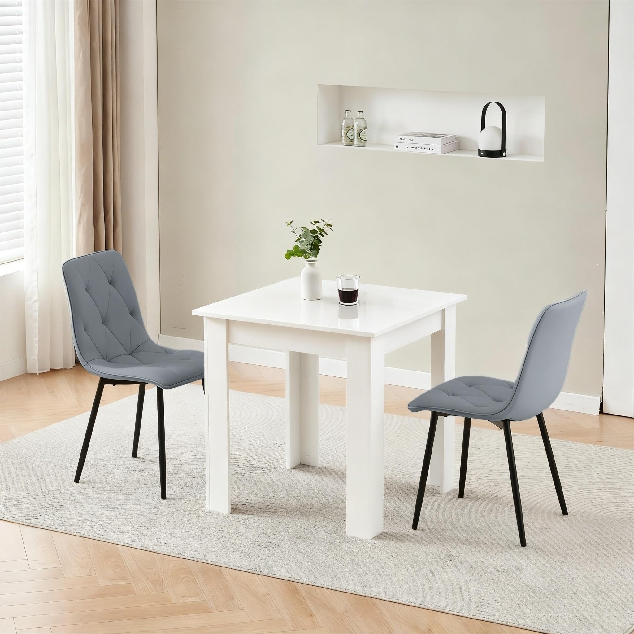 Homullel 75x75 cm Small Dining Table and 2 Chairs, 2 Seater Table and Chairs Set Kitchen Dining Room Set for 2, Compact, Space Saving, Wooden, Glossing Tabletop White (2 Seats, Velvet Diamond Gray)