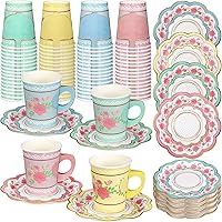 FillTouch 100 Sets Floral Paper Tea Cups & Saucers 9oz with Handles - Disposable Tea Party Supplies for Weddings, Birthdays