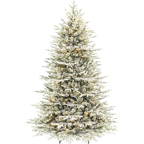 Hykolity 7.5 ft Prelit Snow Flocked Christmas Tree, 2933 PE&PVC Realistic Branch Tips, Artificial Twinkling Christmas Tree with 450 Warm White LED Lights, Metal Stand and Hinged Branches