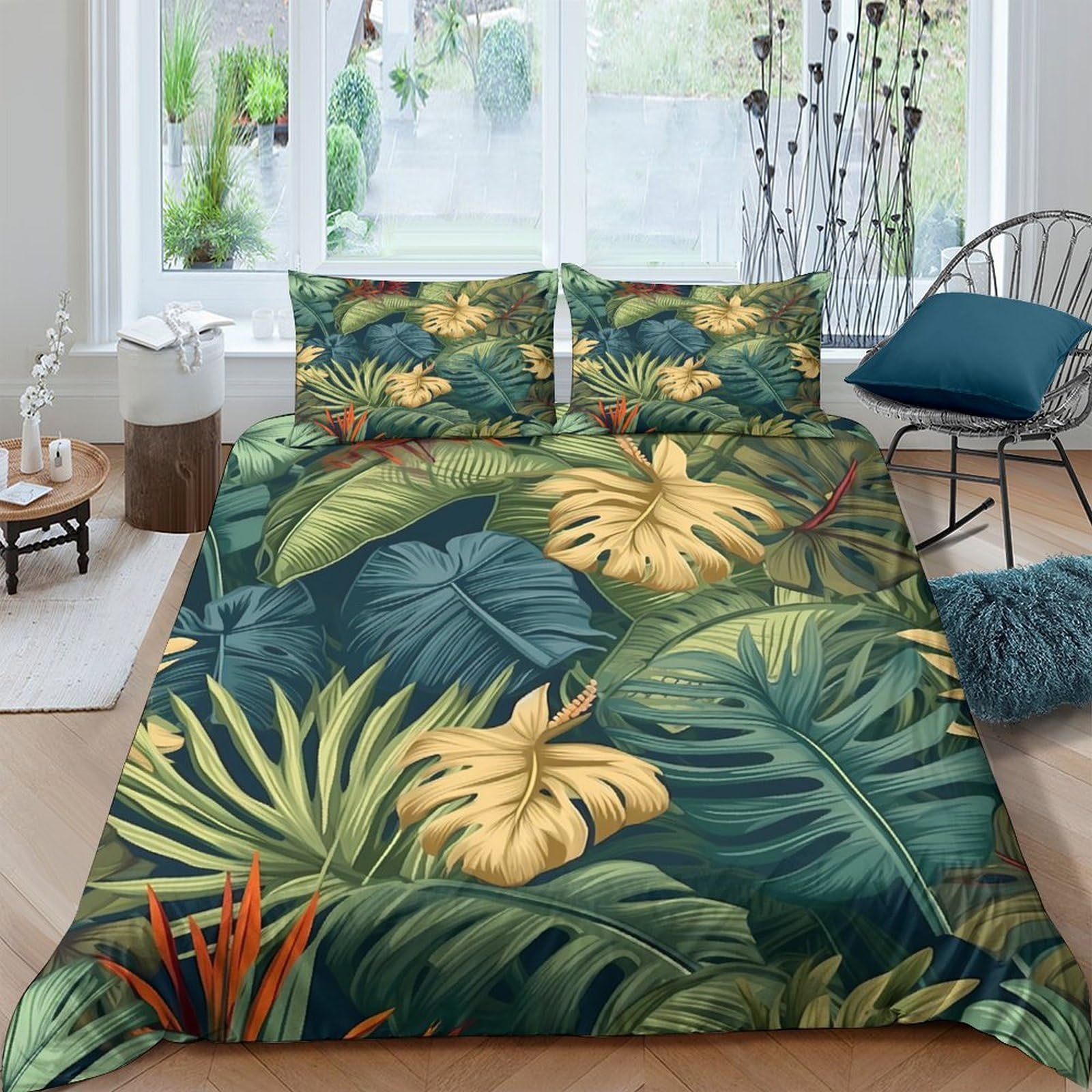 Ctjqhvkz Style-5 3D Printed Tropical Jungle Fitted Sheet Microfiber Soft Green Yellow Botanical Bed Cover For Home Bedroom Decor Single（135X200cm）