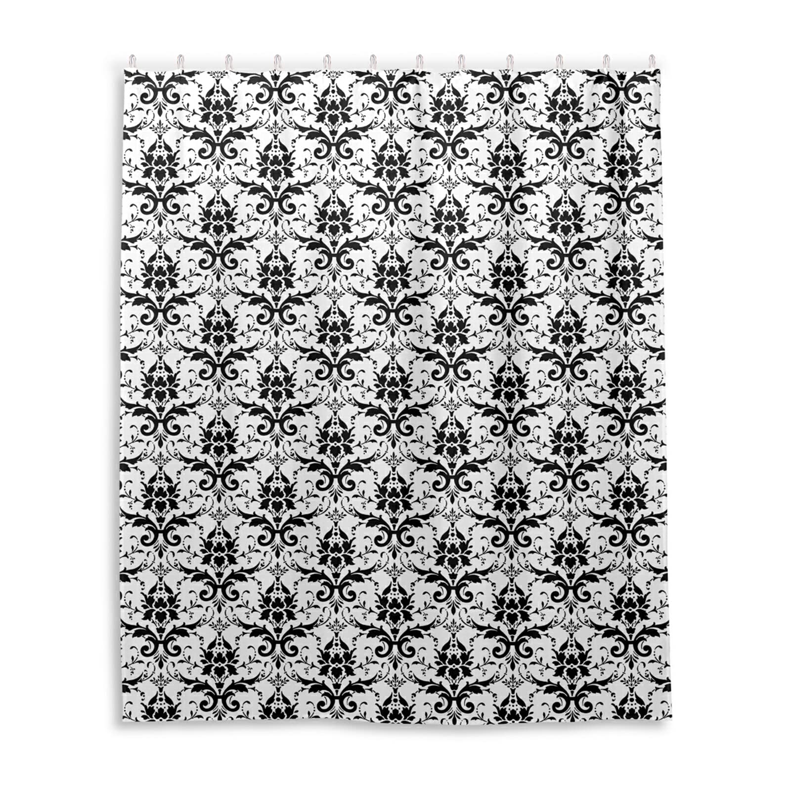 Seamless Black Lace Damask Flowers on White Waterproof Shower Curtain, Machine Washable Polyester Cloth with 12 Hooks, No Smell Bath Tub Stall Curtain Liner 48"(W) x72(H)