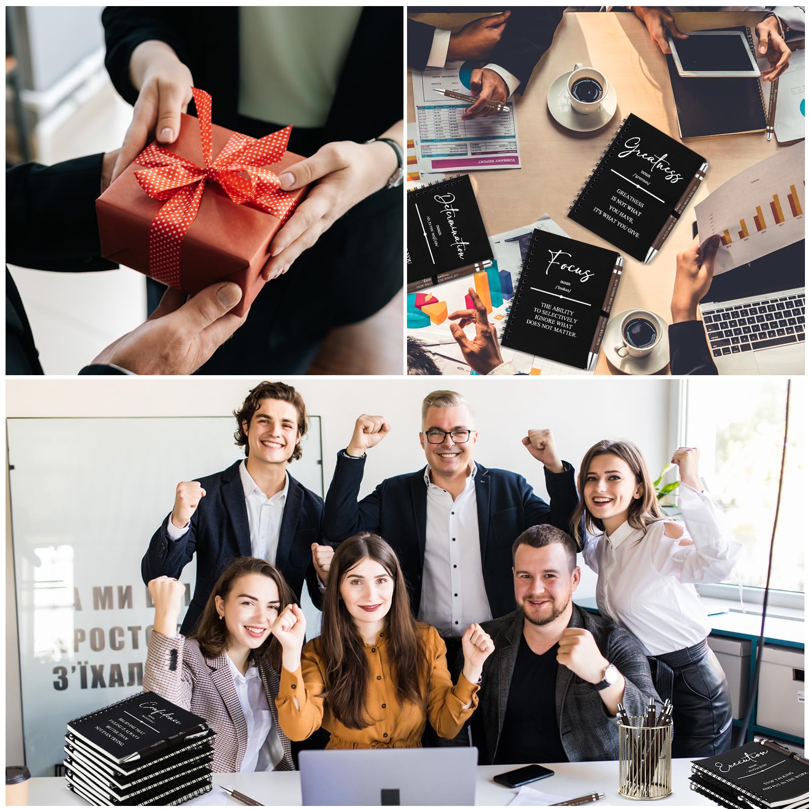 TecUnite Set di 30 quaderni a spirale ispiratori con penne motivazionali in bambù, regalo di apprezzamento dei dipendenti, per colleghi, squadre, insegnanti, studenti, regalo di ringraziamento (nero)