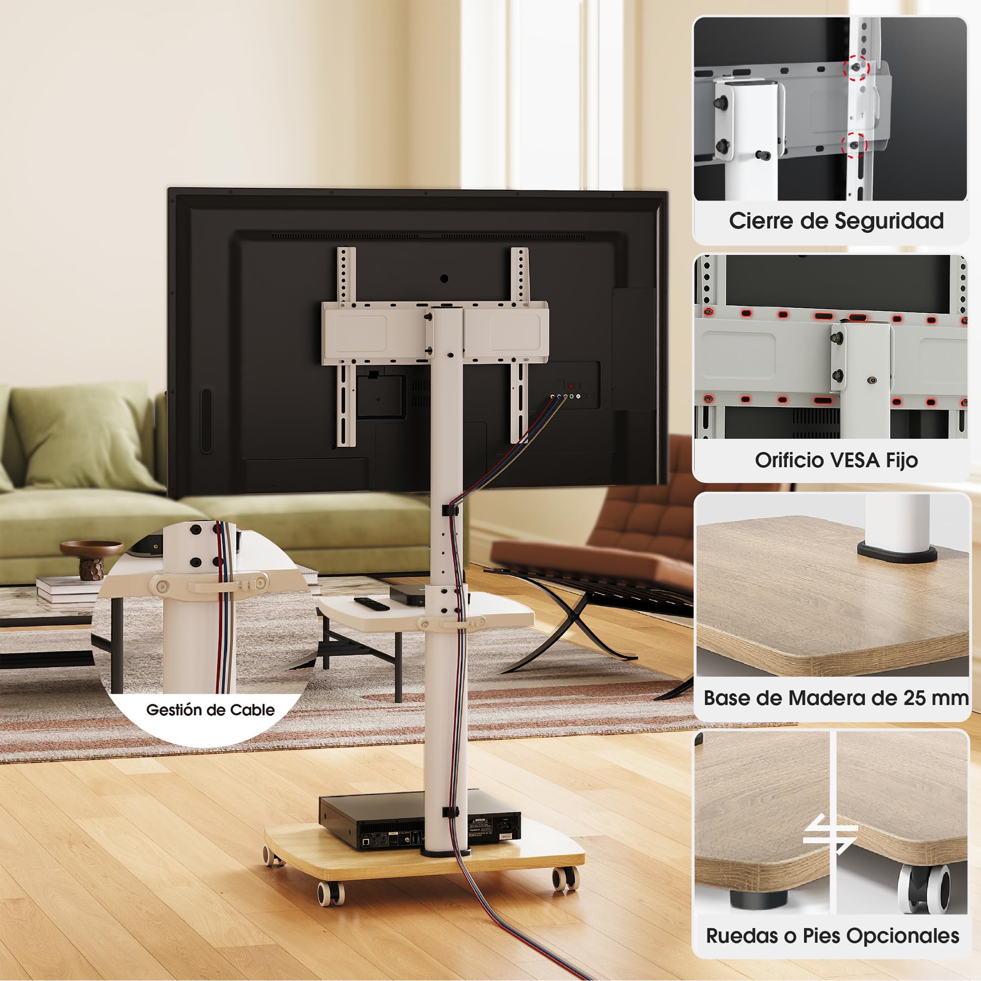 AOKCOS Soporte para TV móvil con ruedas con base y estante de madera para televisores de 32 a 65 pulgadas, soporte de piso para TV ajustable en altura y giratorio, hasta 40 kg máx. VESA 400 x 400 mm