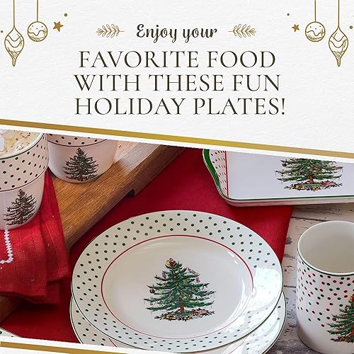 Miniatura 5 de Spode - Plato de postre de árbol de Navidad con lunares (juego de 4) – Platos festivos de cerámica de 8 pulgadas para entretenimiento navideño,