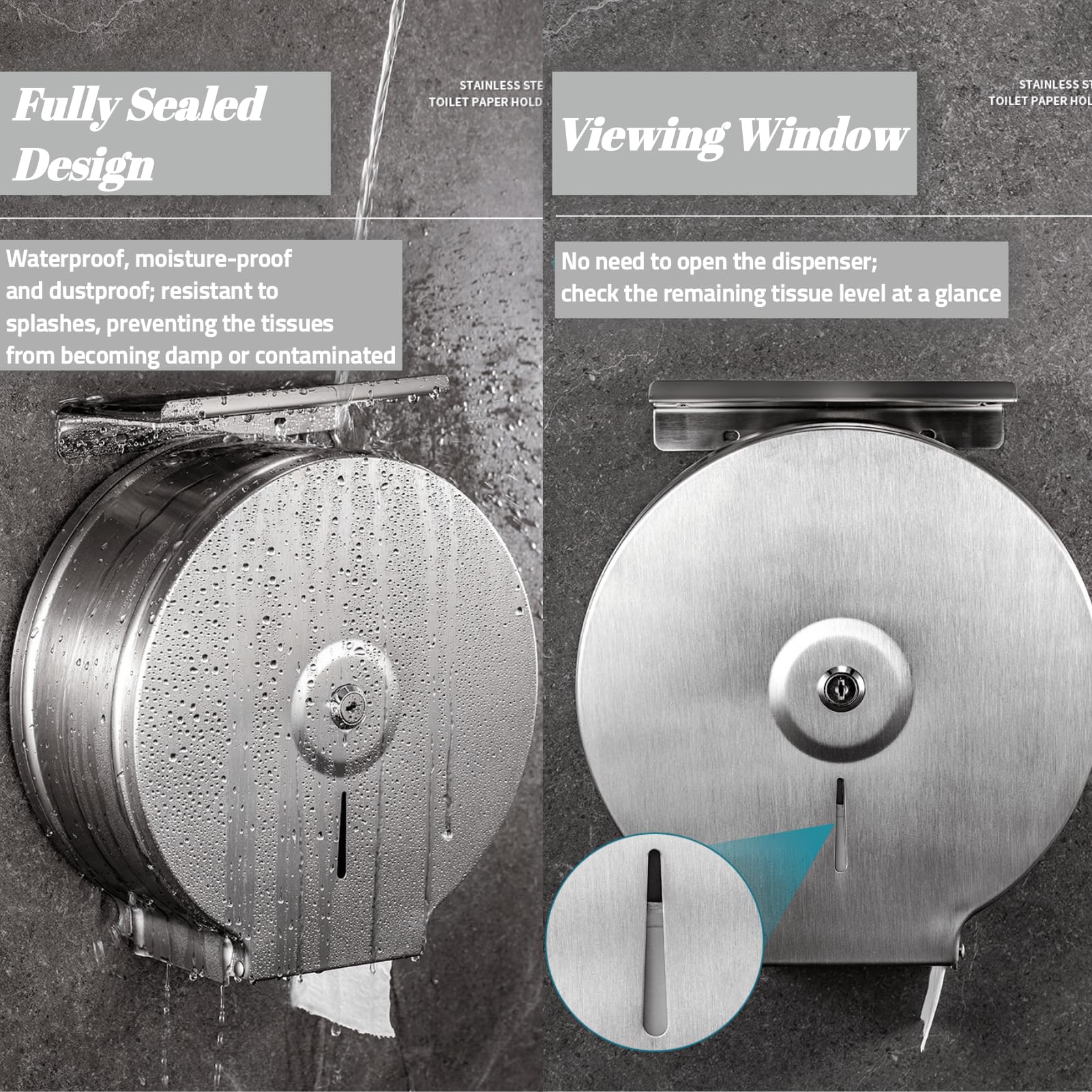 Dispenser di carta igienica, confezione da 2 pezzi da parete in acciaio inox con chiave serratura per rotoli di carta igienica Jumbo, 27 x 26 x 11,8 cm, distributore commerciale di grandi