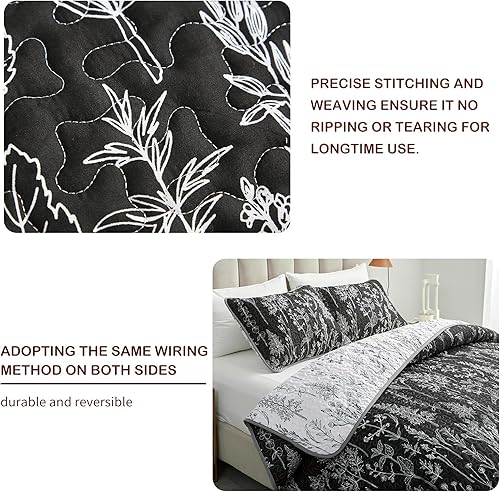 Miniatura 4 de Joyreap Juego de edredón de 2 piezas, tamaño individual, diseño botánico reversible negro y blanco, colcha de microfibra suave y suave, funda de