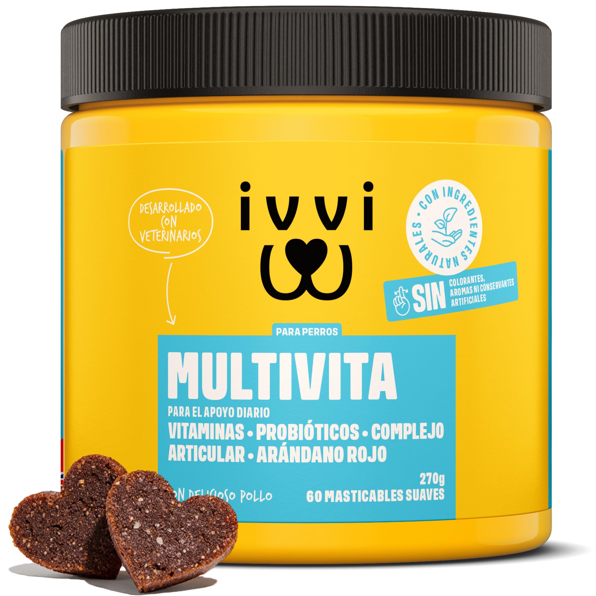 ivvi Multivitaminas - Complemento Alimenticio para Perros como Golosinas - Cuidado Completo para una Vida Feliz del Perro - 60 Golosinas de Pollo (270g)