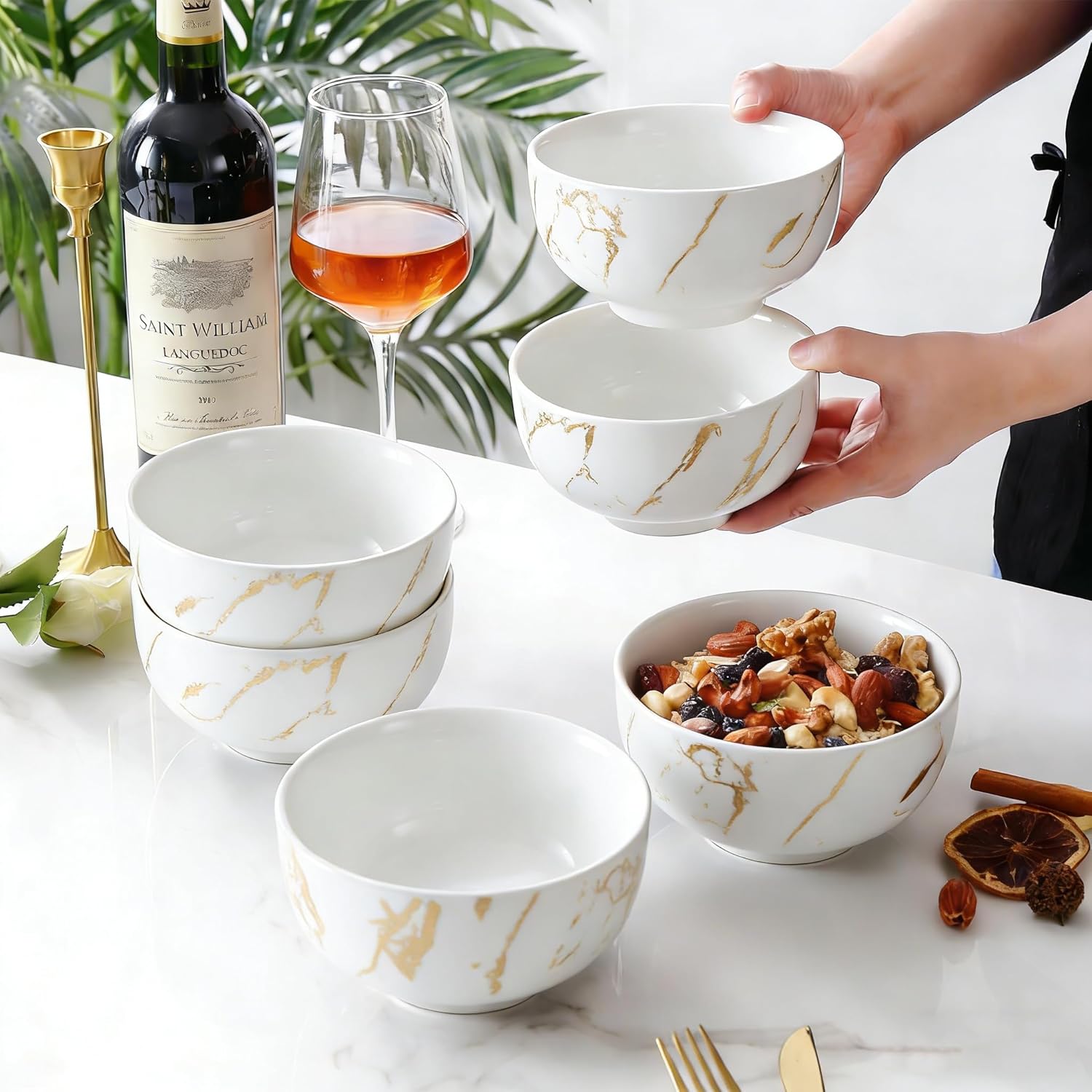Marble Ceramic Cereal Bowls Set of 6, 20 oz Bohemian Soup Bowl, White Bowls Set for Kitchen, Dessert Bowls for Salad, Pasta, Oatmeal, Ramen, Oatmeal, Fruit, Dishwasher & Microwave Safe