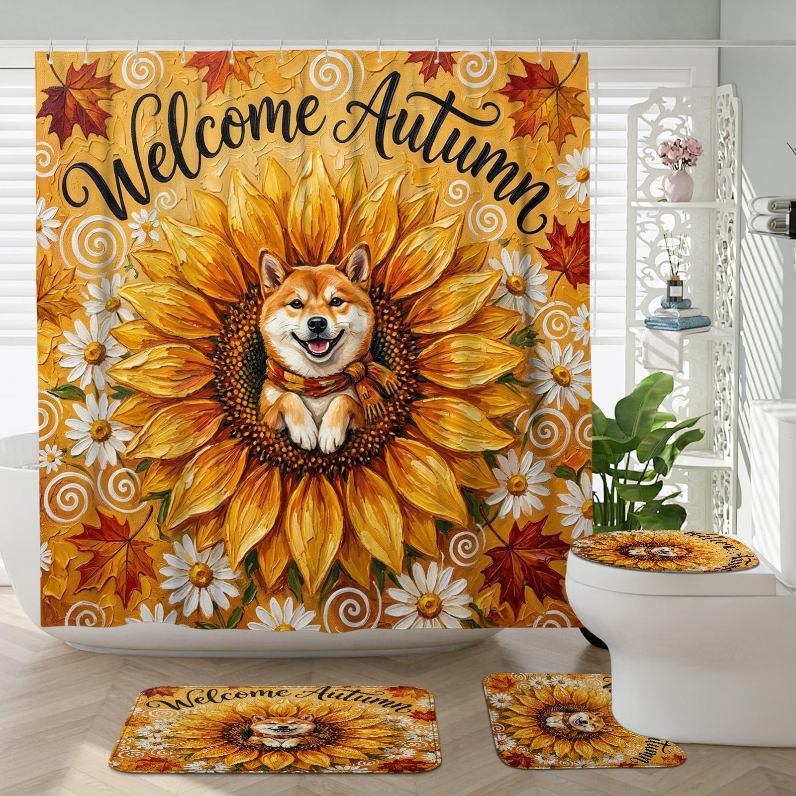 Rideau de douche motif Shiba Inu pour éviter les éclaboussures avec tapis WC