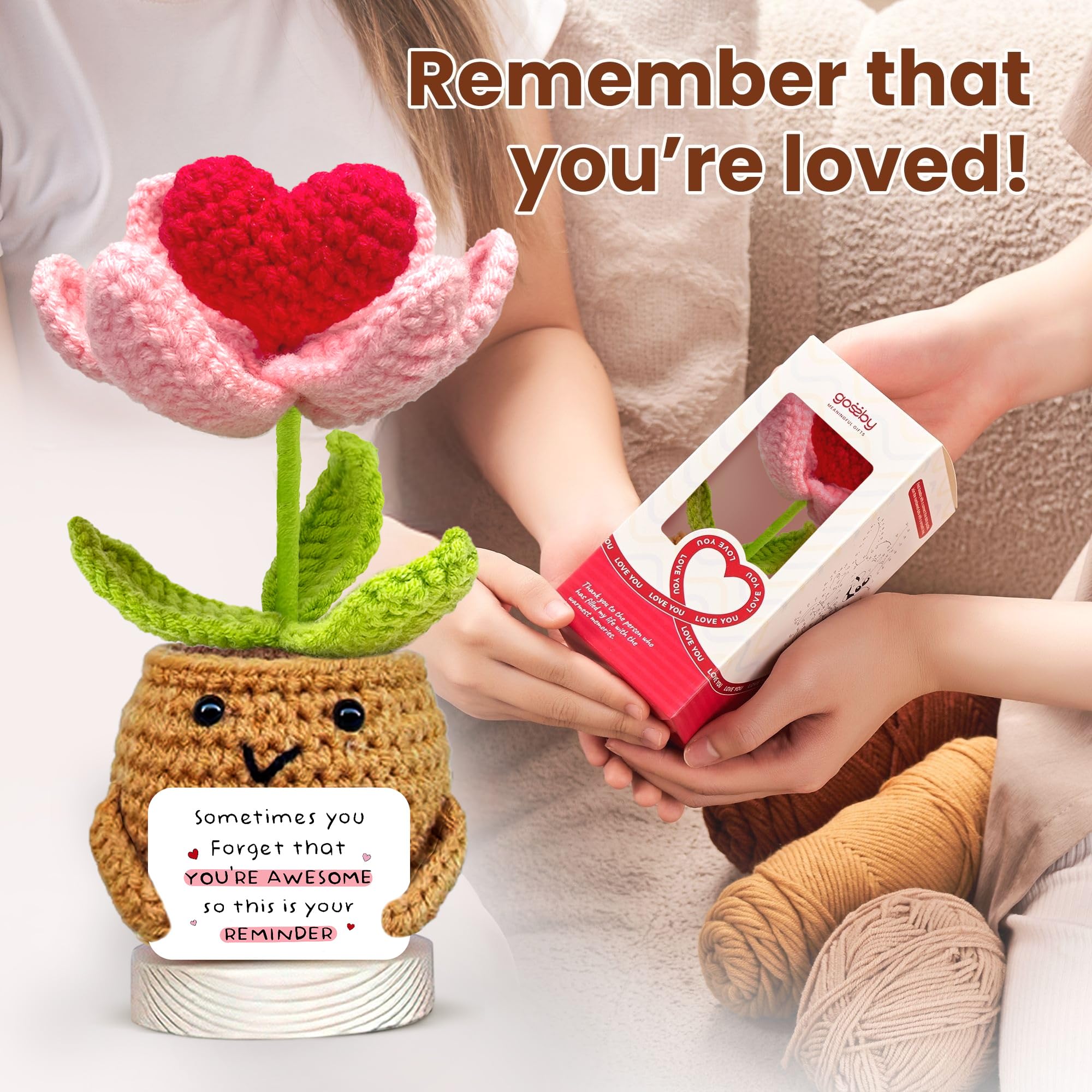 Gossby Handmade Positive Heart Flower Crochet with 'Sometimes You Forget You're Awesome Reminder' Card - Encouragement Gifts for Friend - Cute Inspirational Birthday Gift for BFF Sister Coworker Women