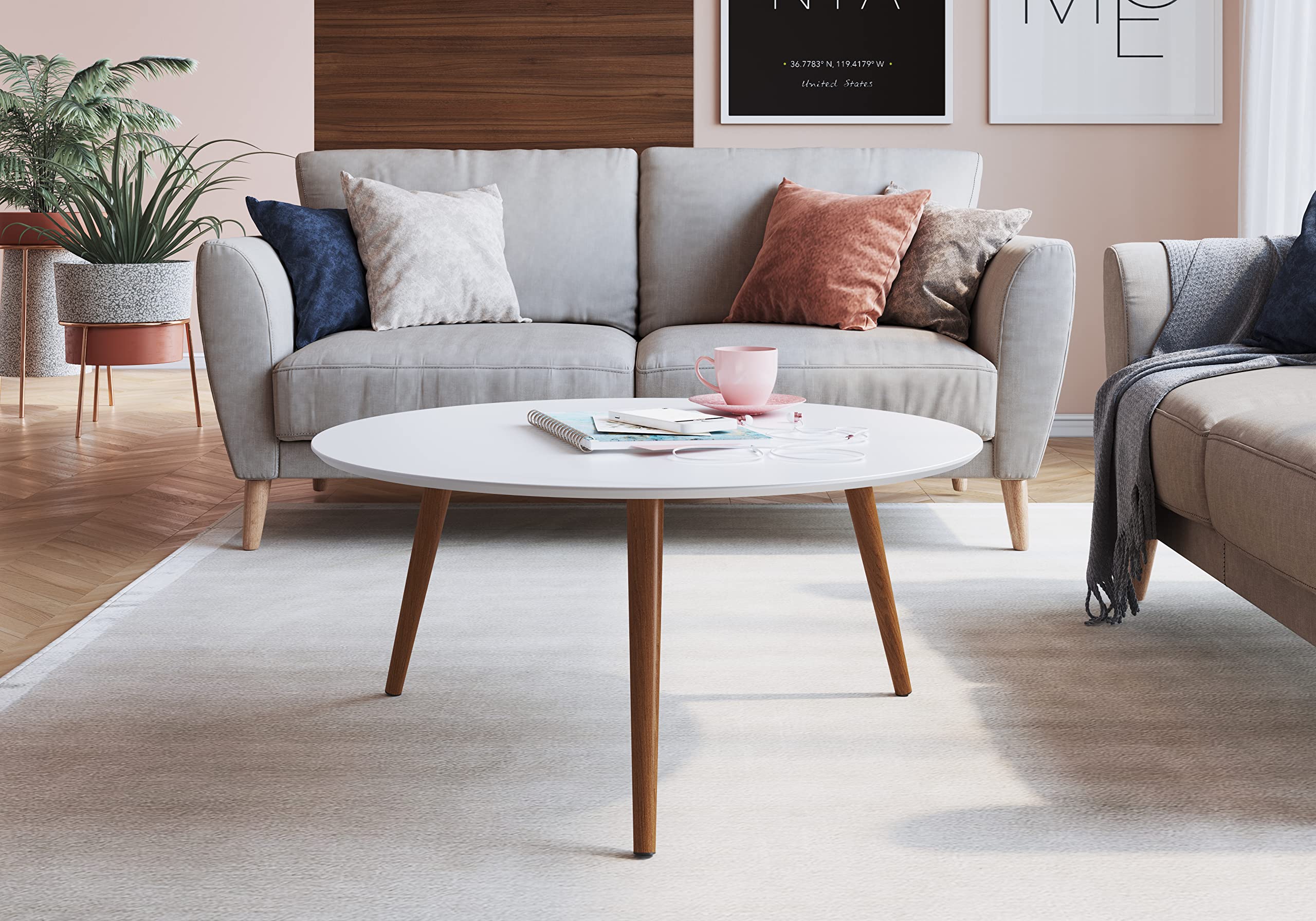 Modern Round Coffee Table for Living Room | Scandinavian Style Accent Table for Small Spaces (White, 35.4 W x 35.4 D x 24601/24605 24601/24605