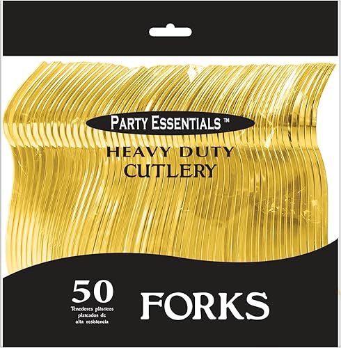Miniatura 4 de Party Essentials Cubiertos de plástico desechablescubiertos de alta resistencia para todos los eventos, 50 unidades, tenedores dorados brillantes